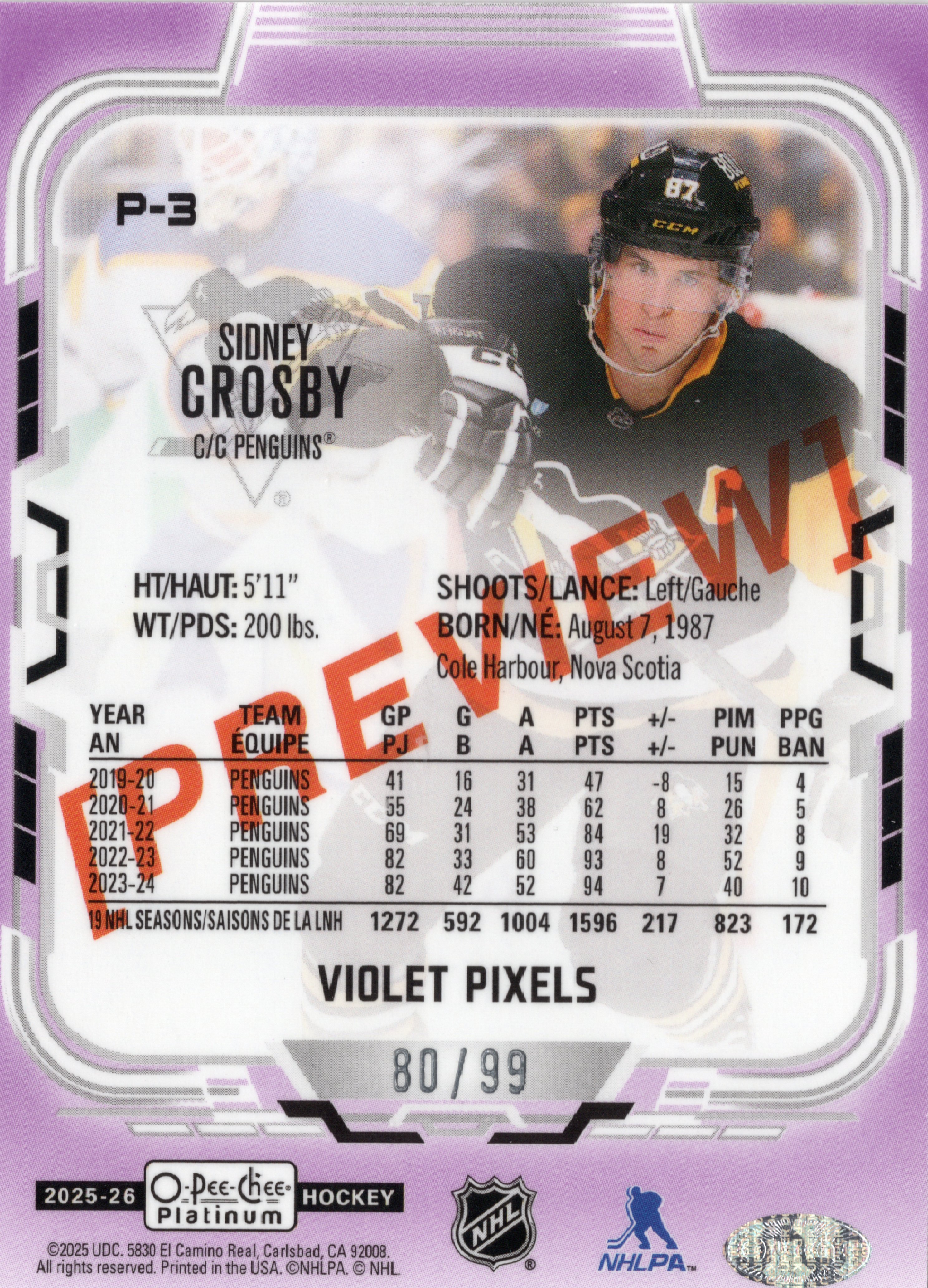 2025-26 O-Pee-Chee 2025-26 O-Pee-Chee Platinum Previews Violet Pixels #P3 Sidney Crosby /99