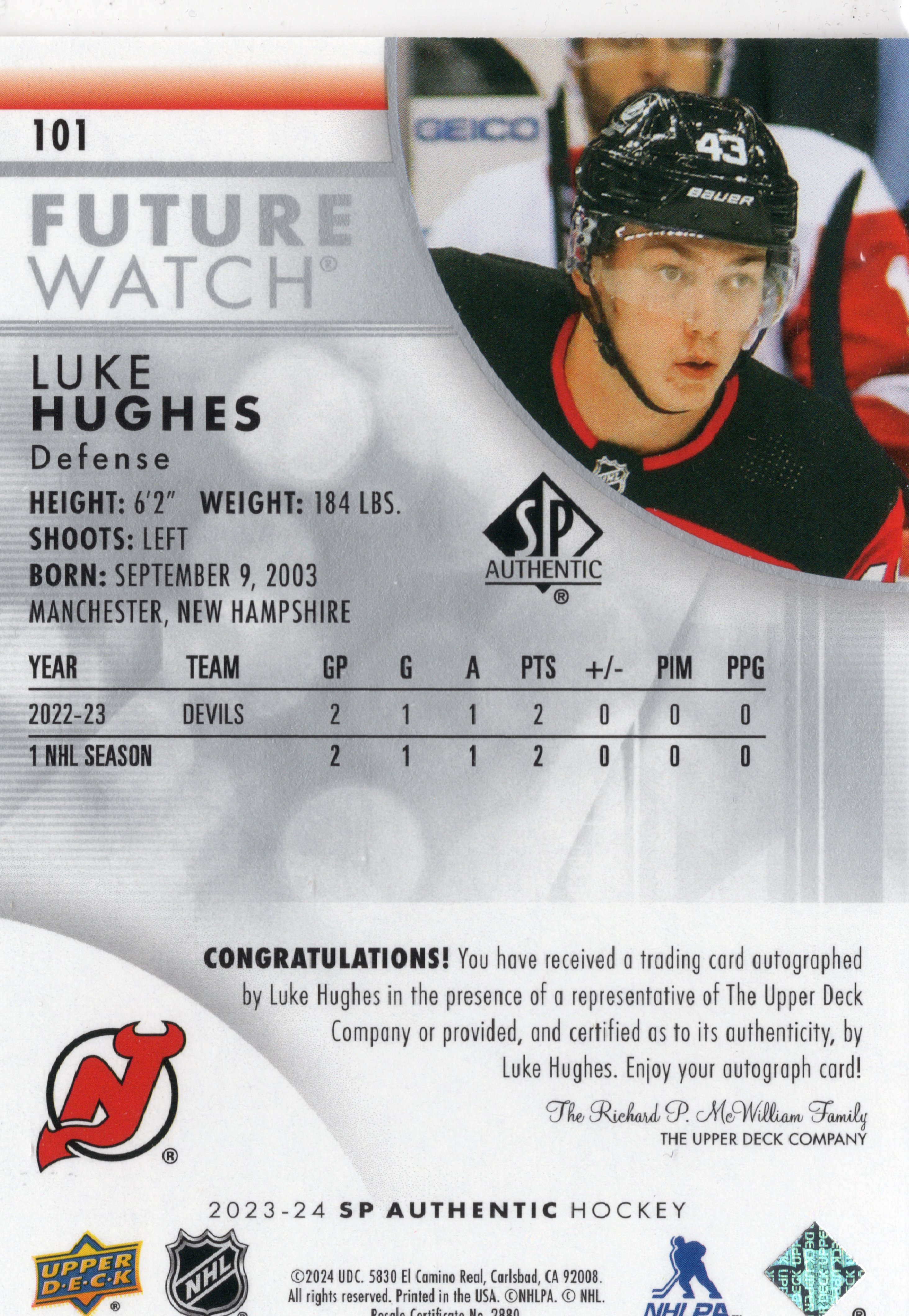 2023-24 SP Authentic #101 Luke Hughes FW, RC, /999, PR949