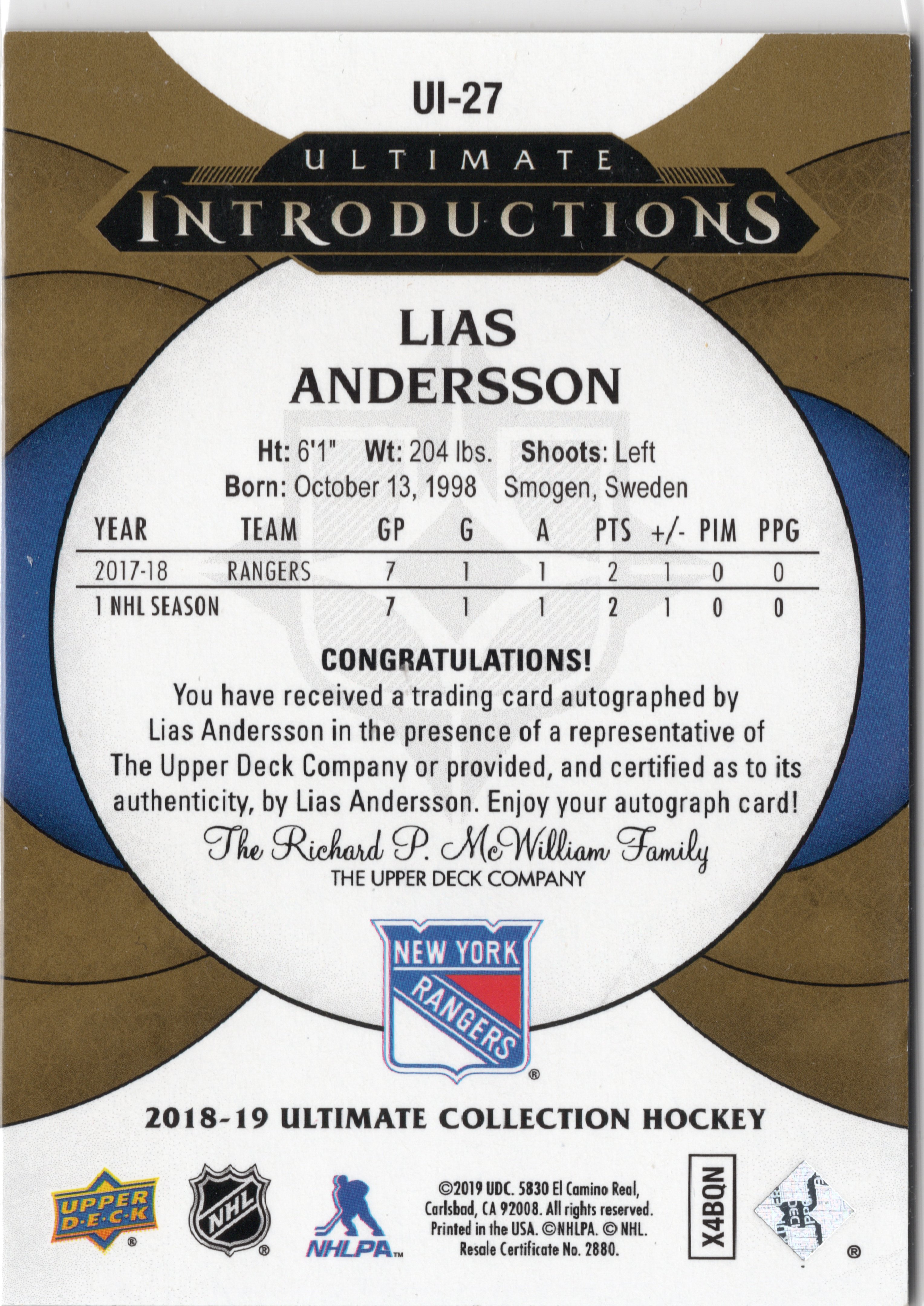 2018-19 Upper Deck Ultimate Collection Ultimate Introductions Autographs #UI27 Lias Andersson