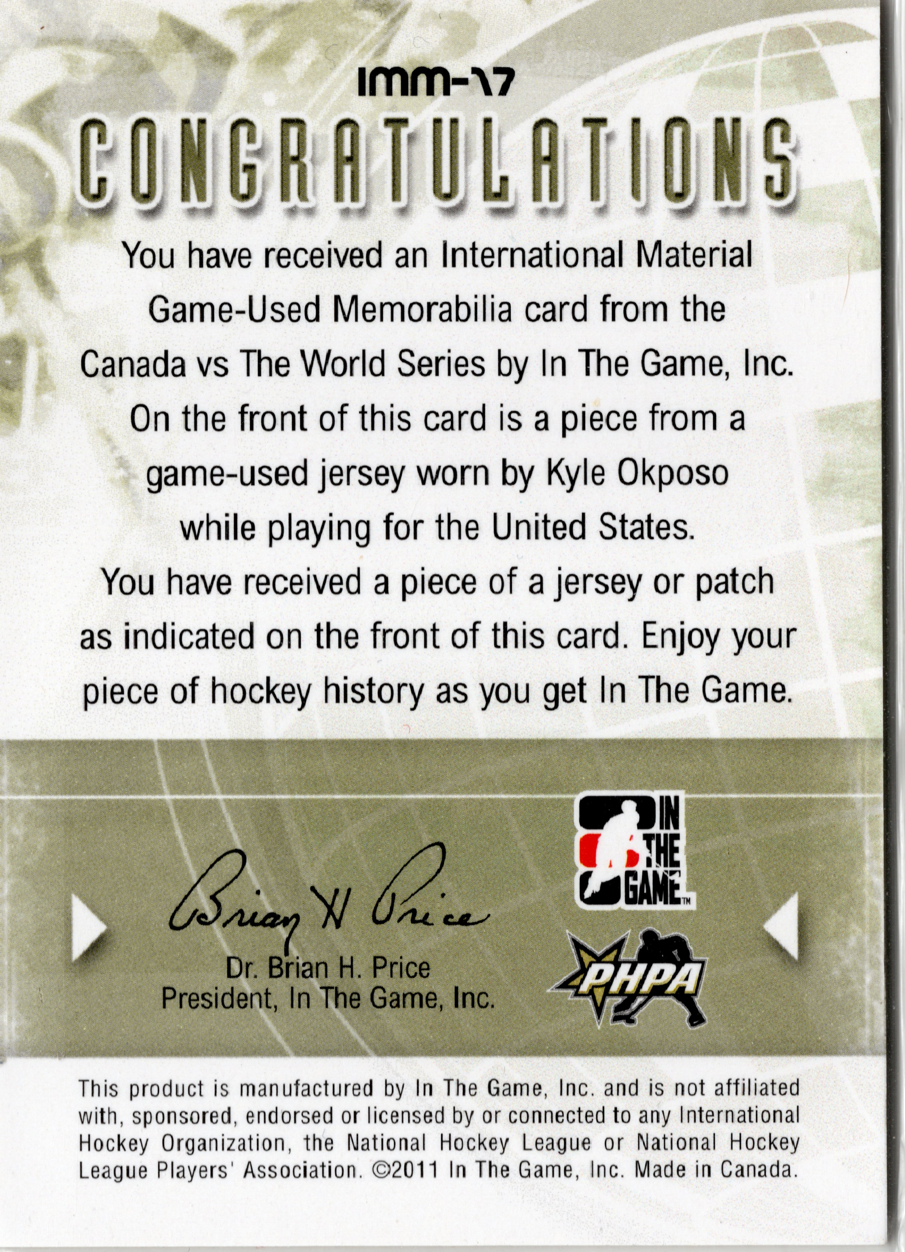 2011-12 In The Game Canada vs The World International Materials Jersey Black #IMM17 Kyle Okposo PR120