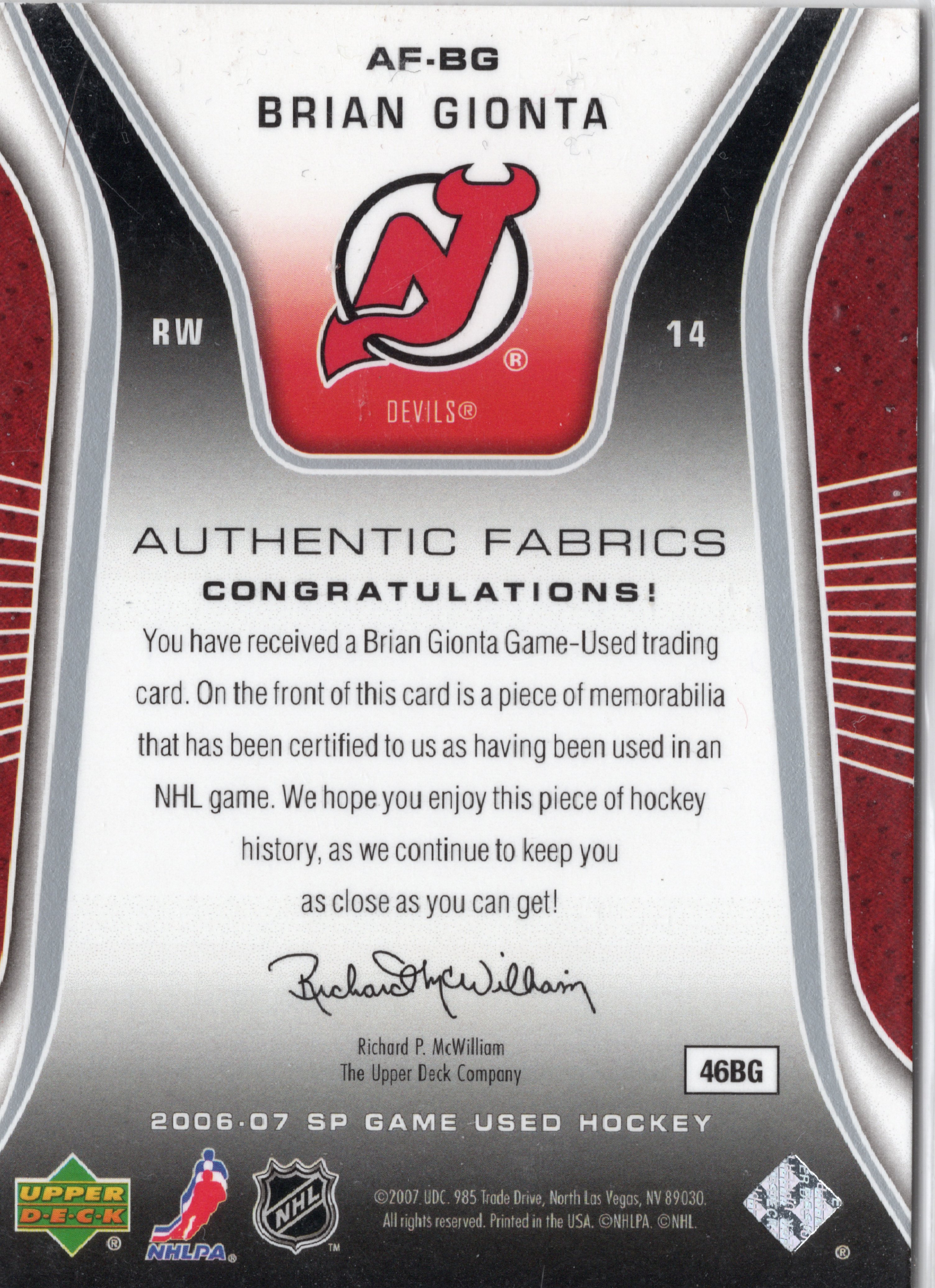 2006-07 SP Game Used Authentic Fabrics #AFBG Brian Gionta