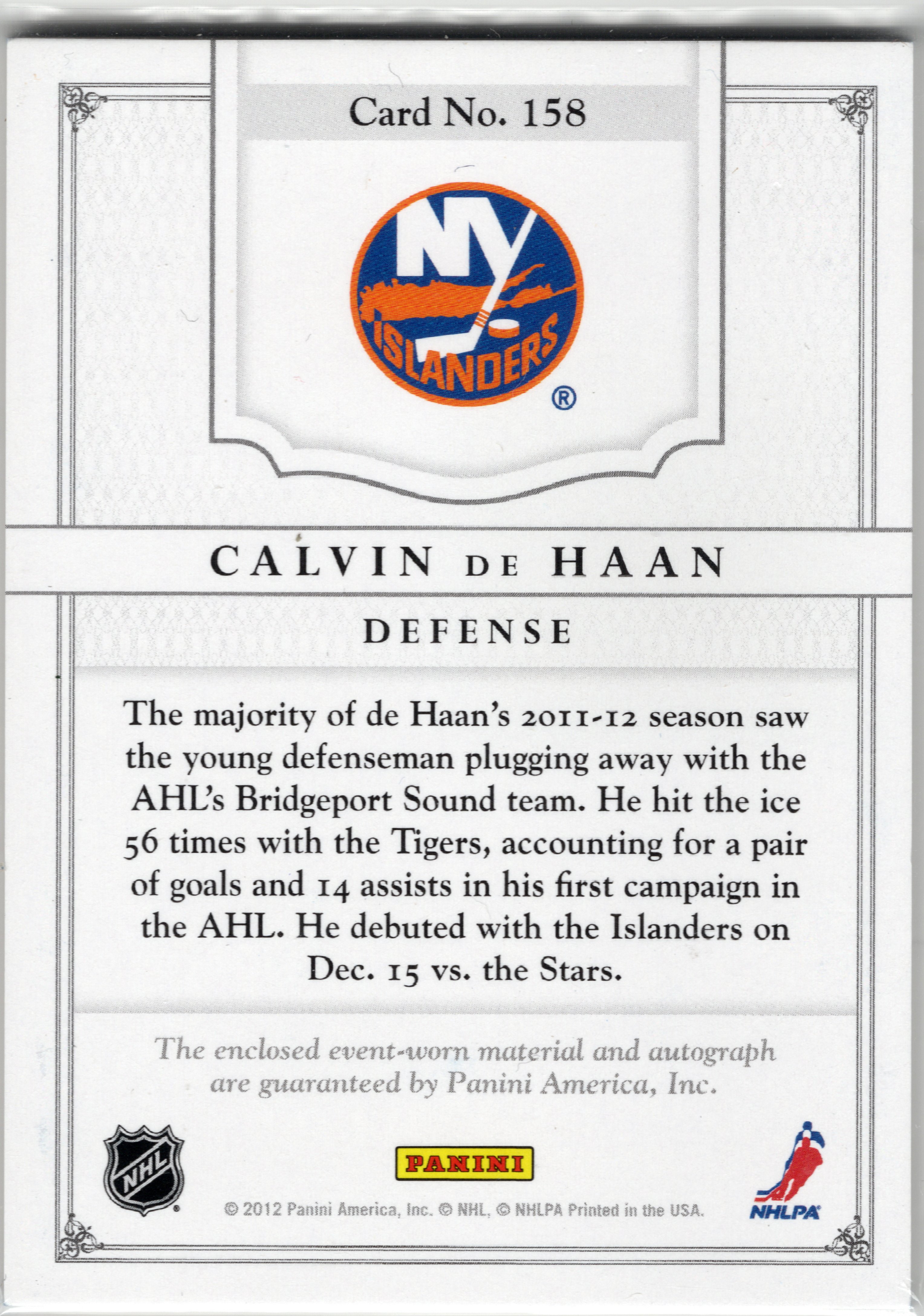 2011-12 Panini Dominion #158 Calvin de Haan RC, /199