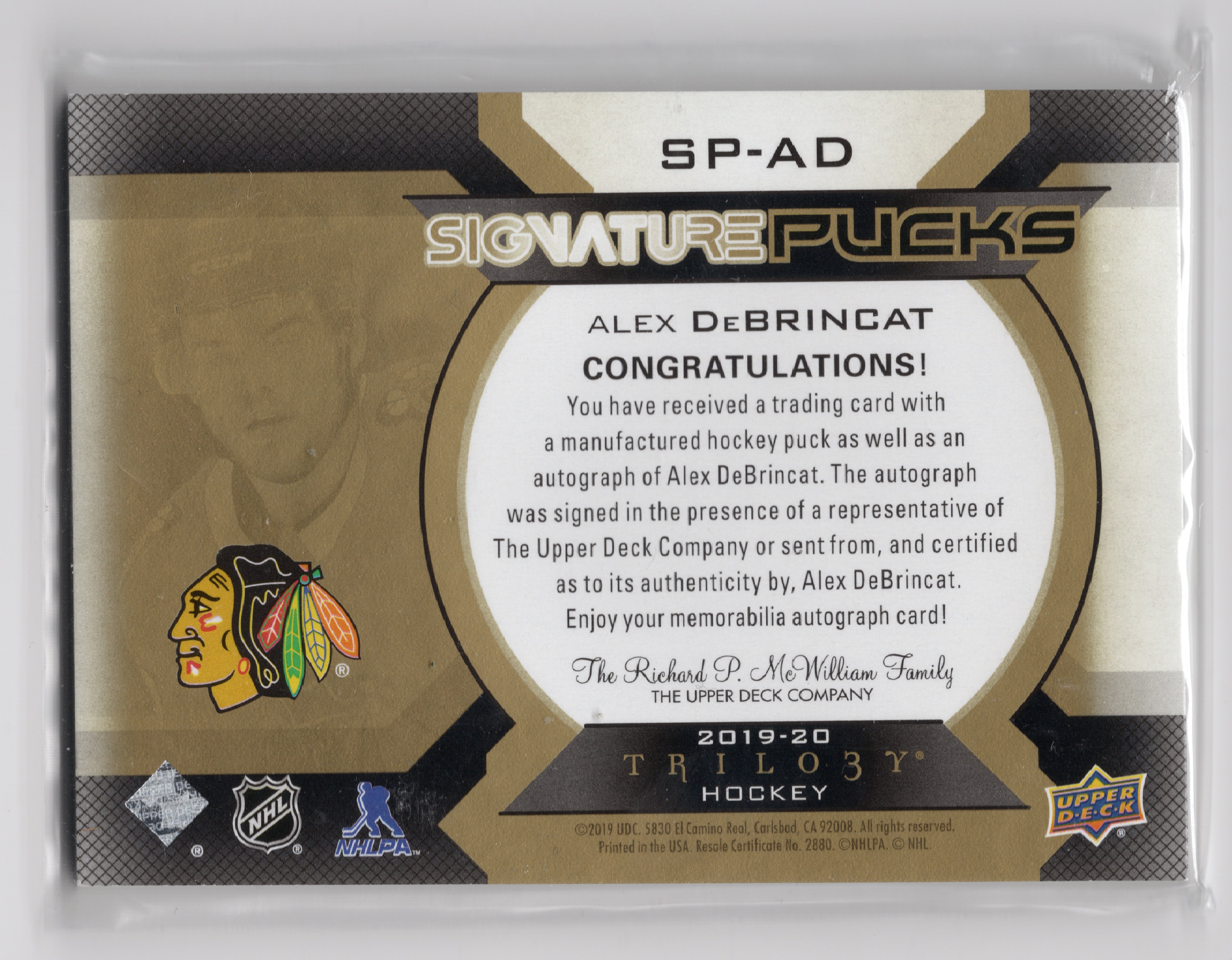 2020-21 Upper Deck Trilogy 2019-20 Upper Deck Trilogy Update I Signature Pucks #SPAD Alex DeBrincat