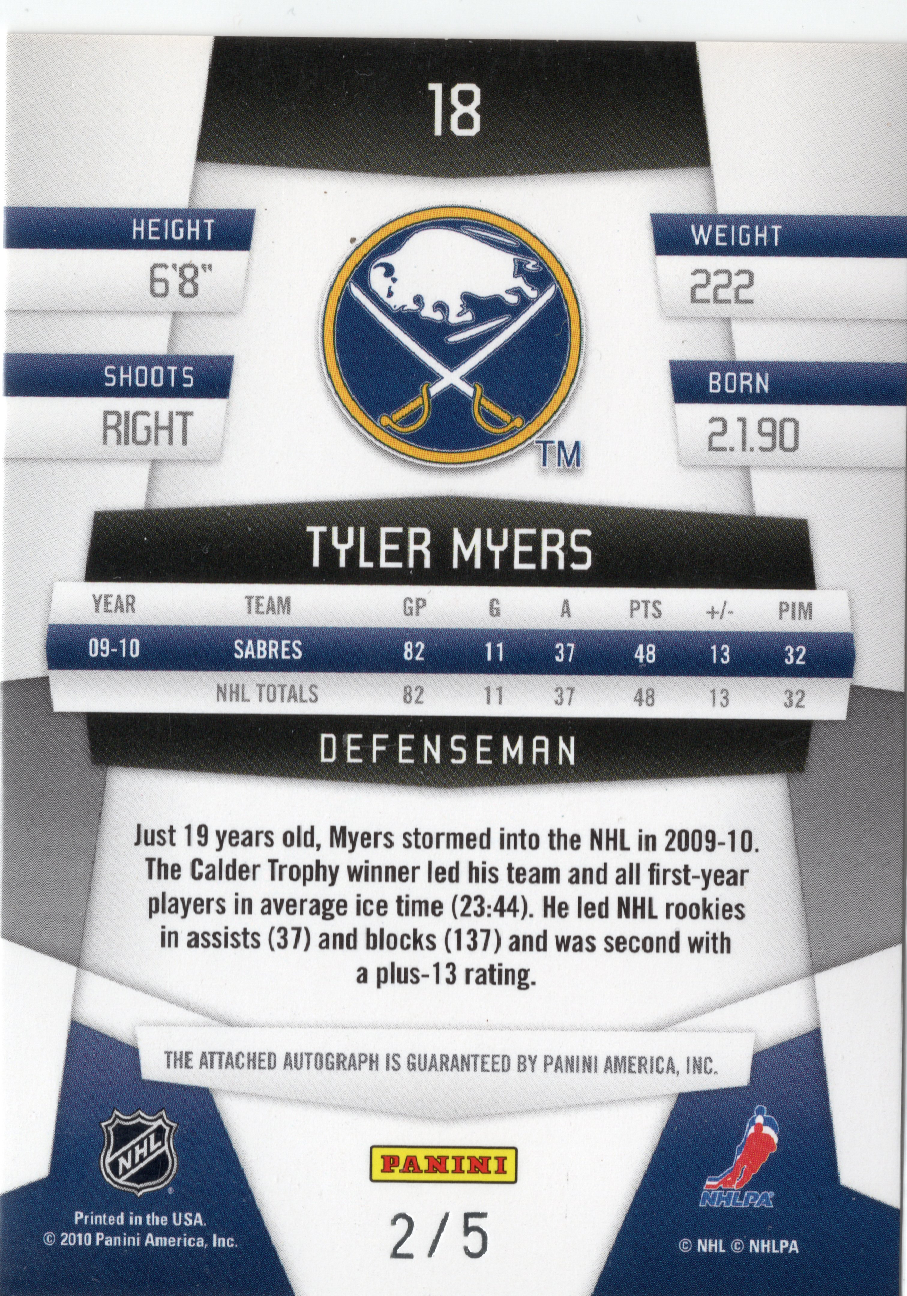 2010-11 Panini Certified Mirror Emerald Signatures #18 Tyler Myers /5