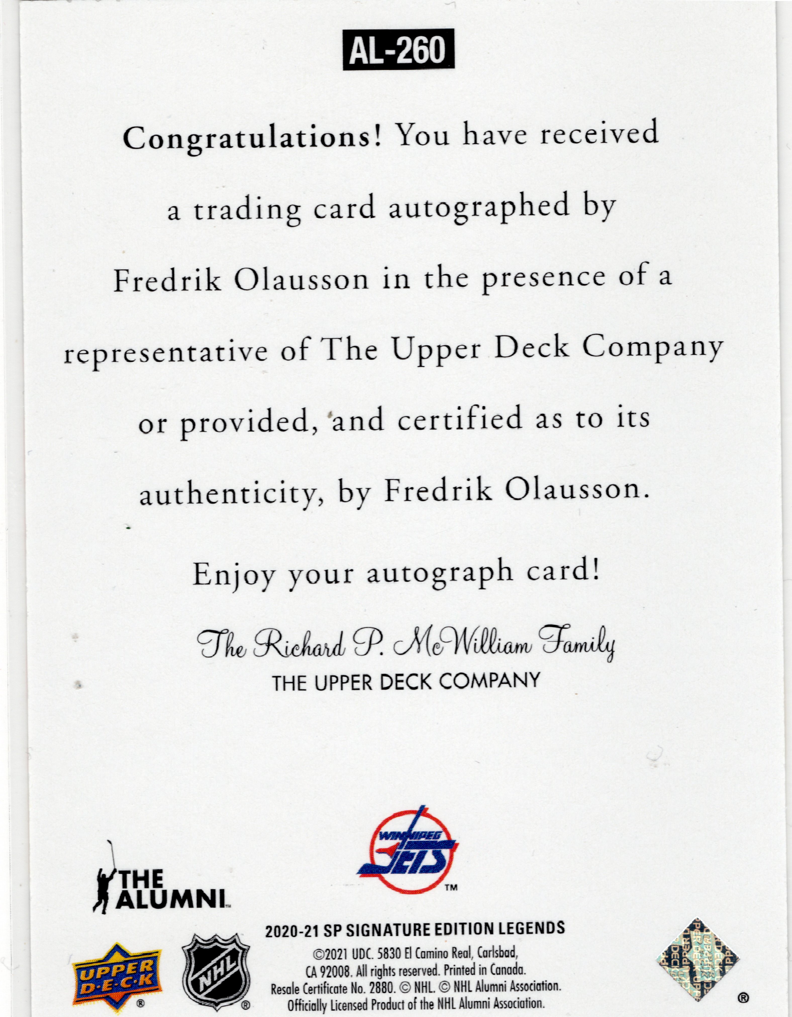 2020-21 SP Signature Edition Legends 1997 Ultimate Legends The Alumni Signatures #AL260 Fredrik Olausson
