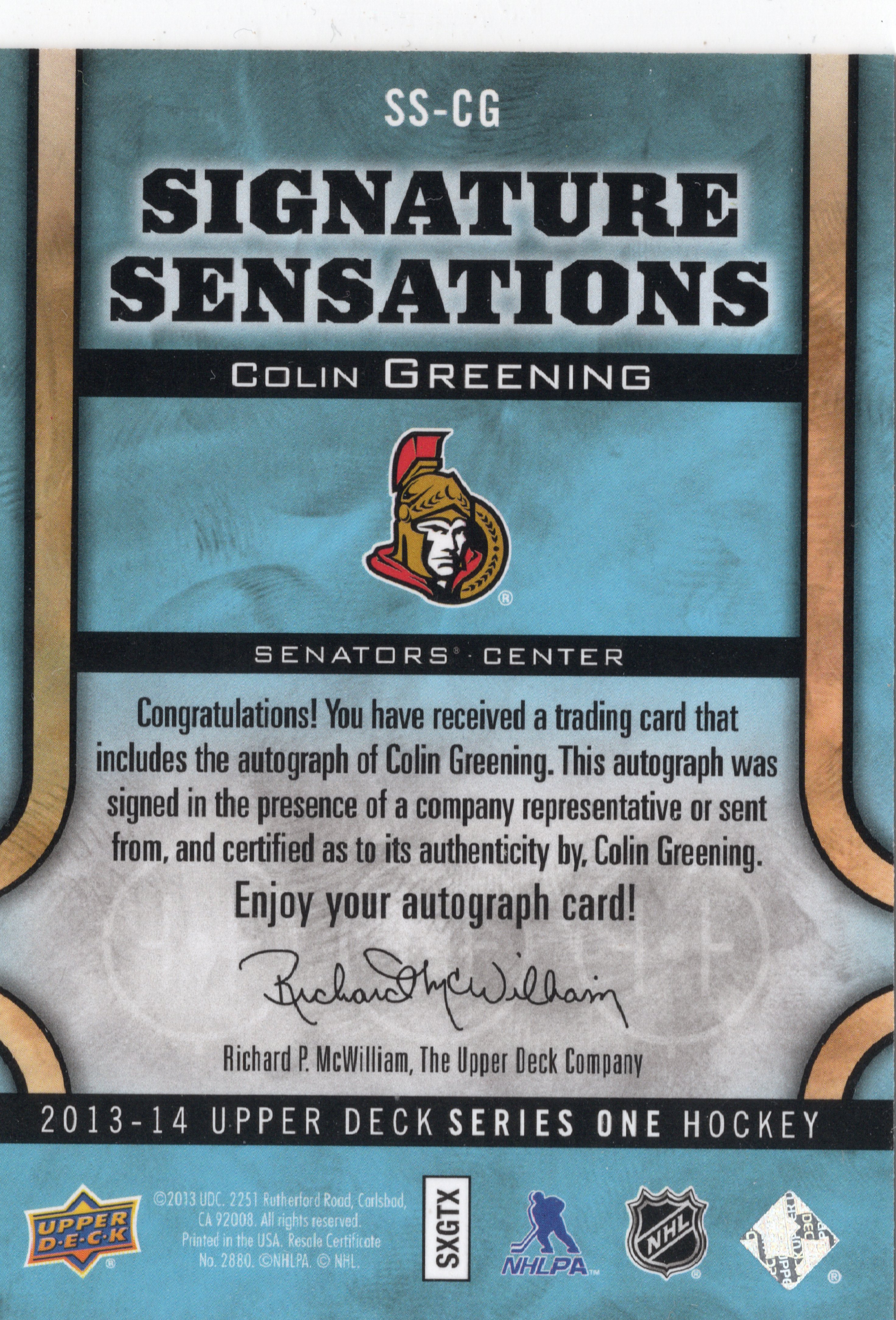 2013-14 Upper Deck Signature Sensations #SSCG Colin Greening