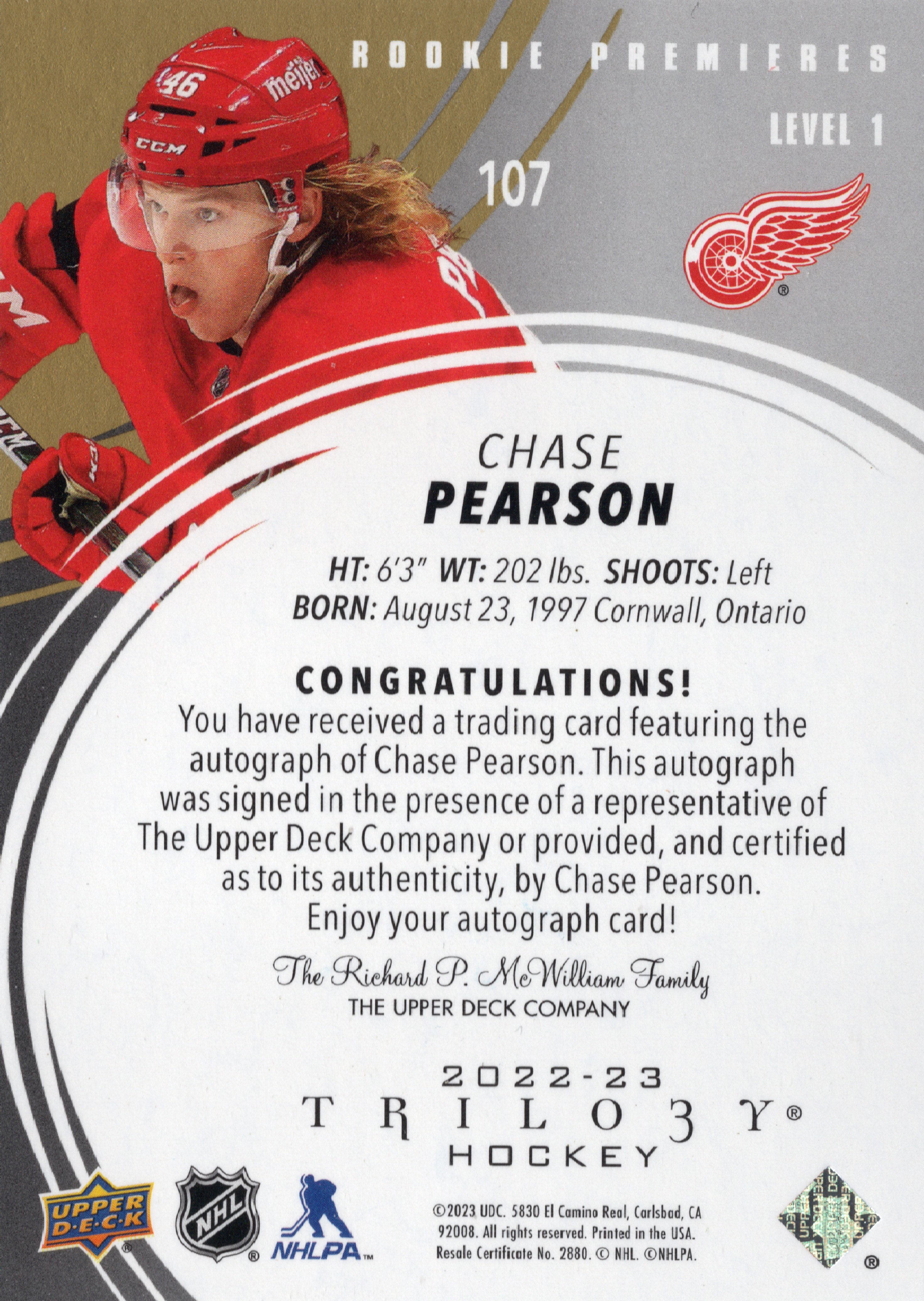 2022-23 Upper Deck Trilogy Gold Autographs #107 Chase Pearson /449