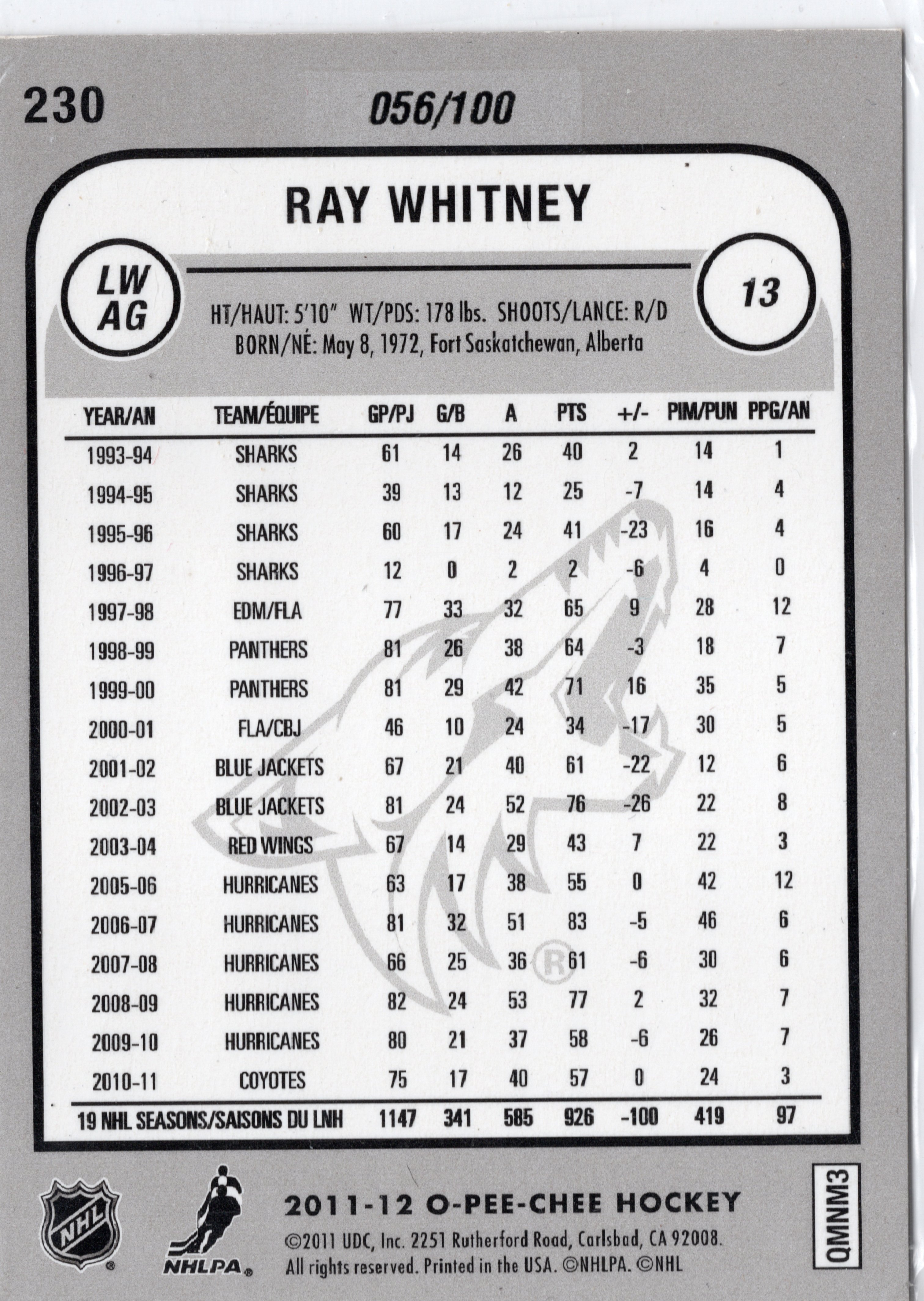 2011-12 O-Pee-Chee Black Rainbow #230 Ray Whitney /100