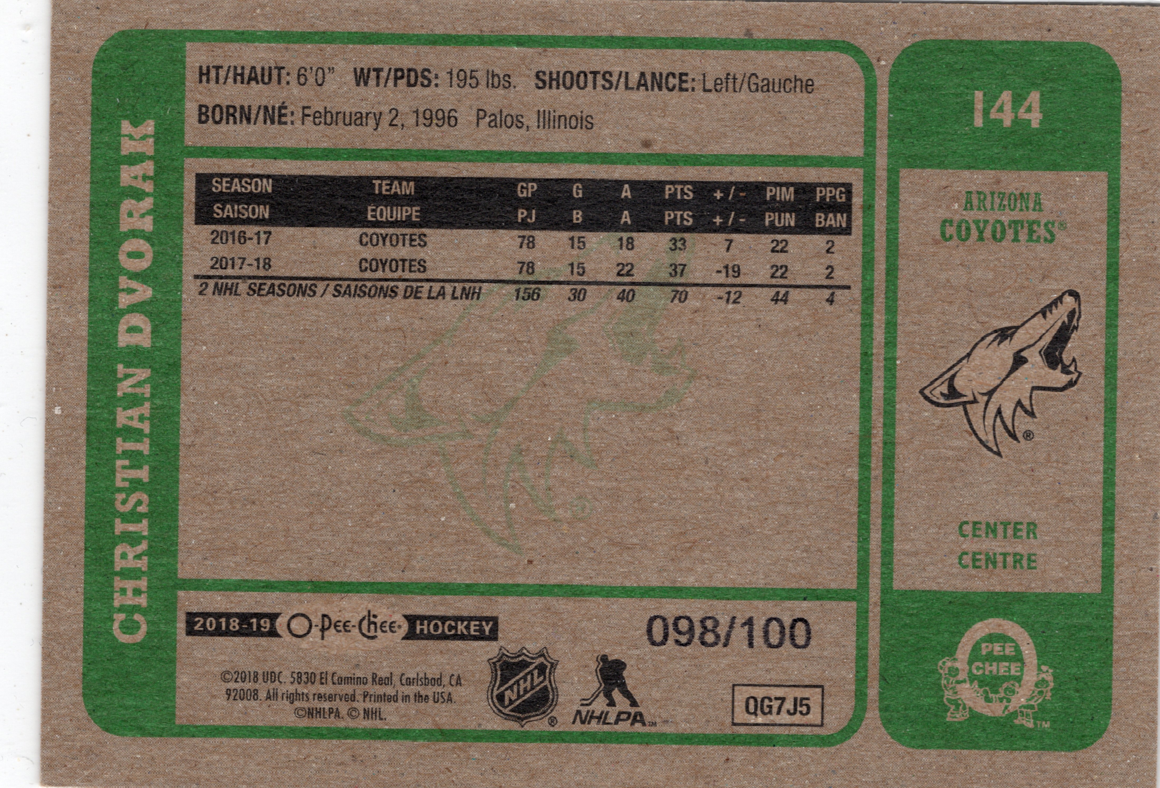 2018-19 O-Pee-Chee Retro Black #144 Christian Dvorak /100