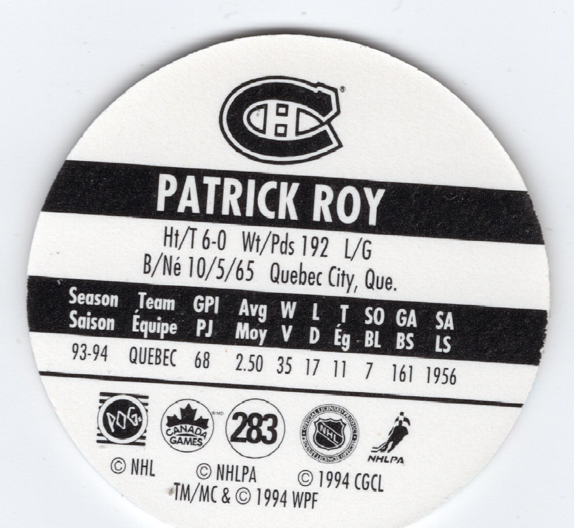 1994-95 POG Canada Games NHL #283 Patrick Roy