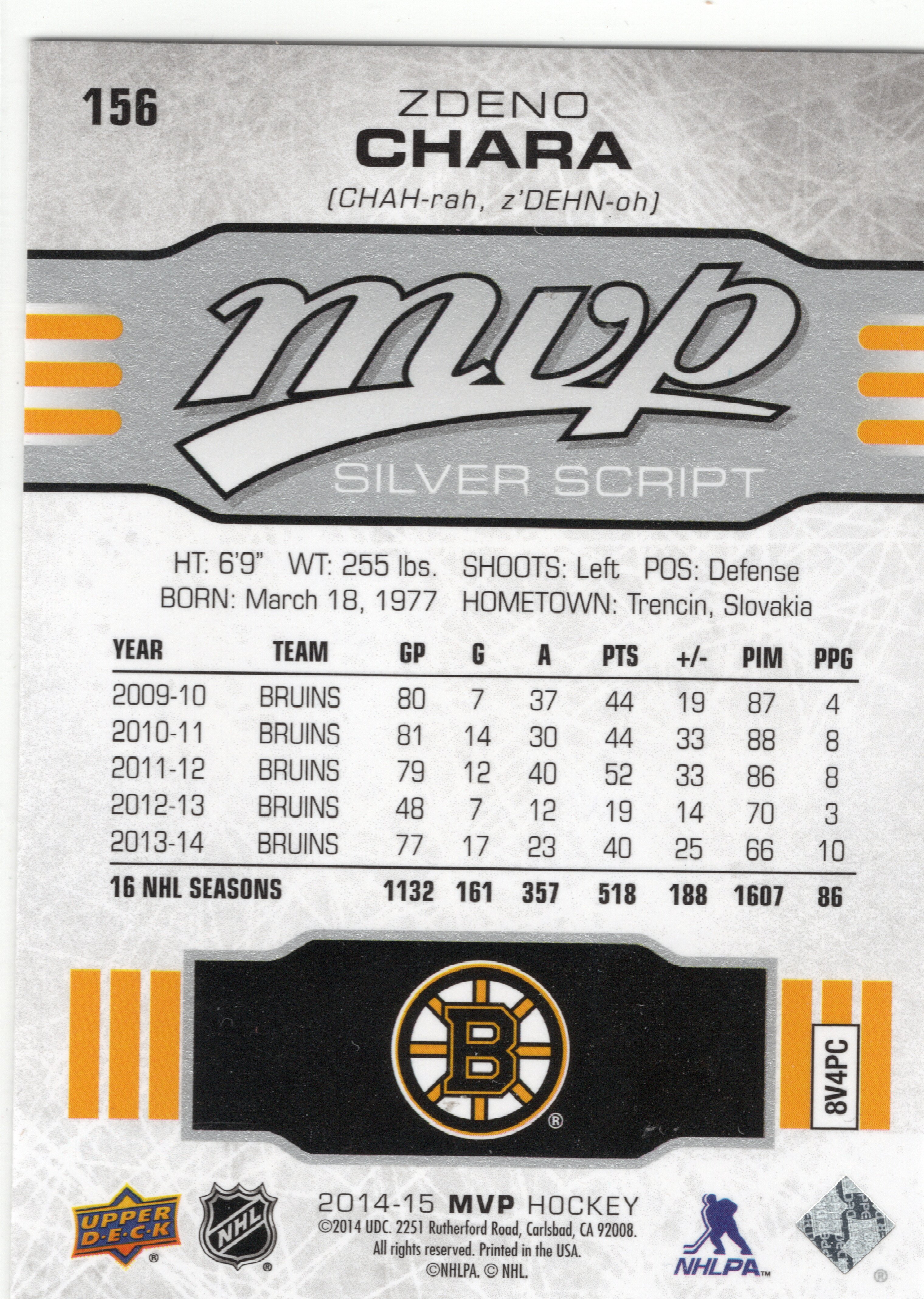 2014-15 Upper Deck MVP Silver Script #156 Zdeno Chara