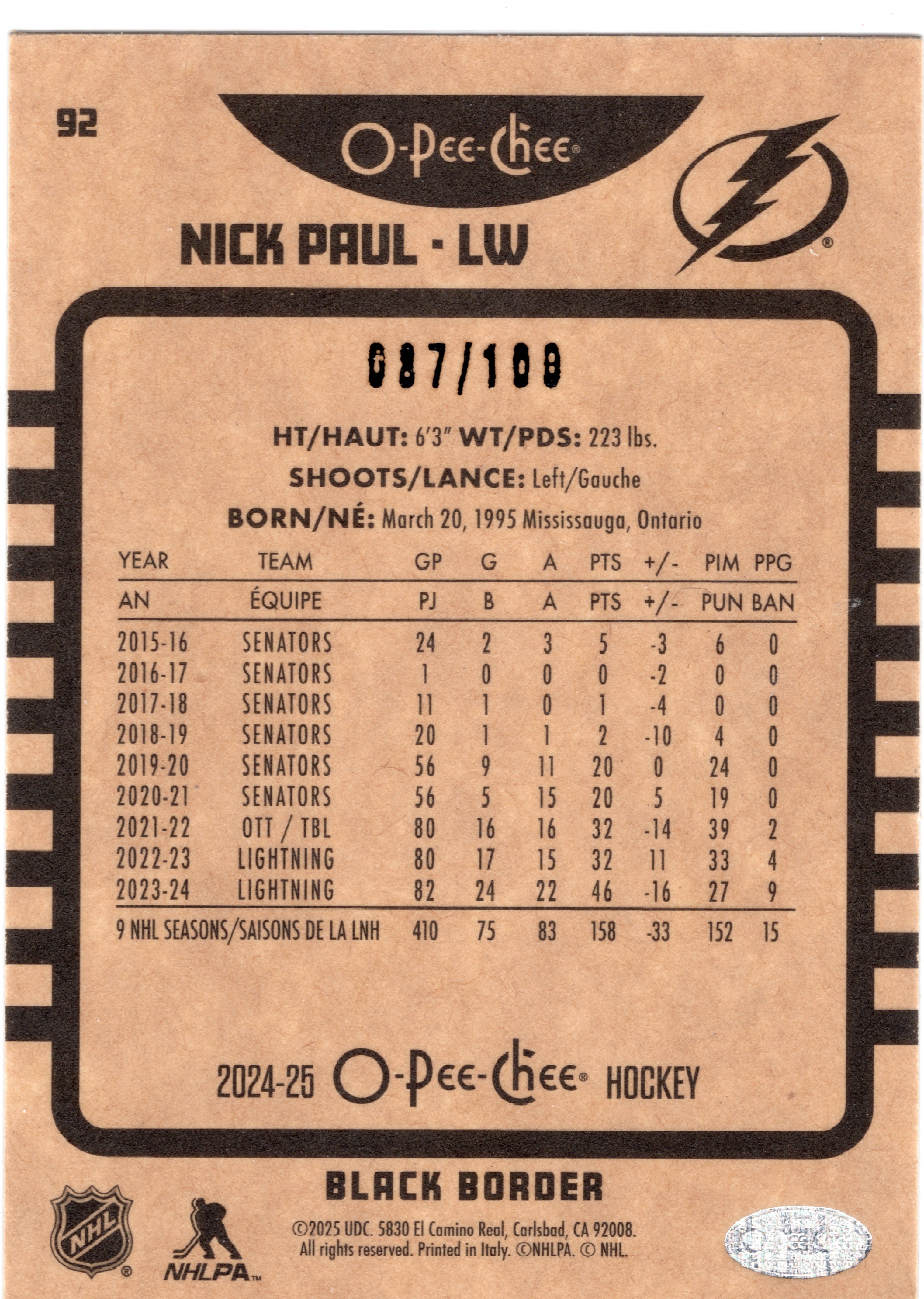 2024-25 O-Pee-Chee Retro Black Border #92 Nick Paul /100