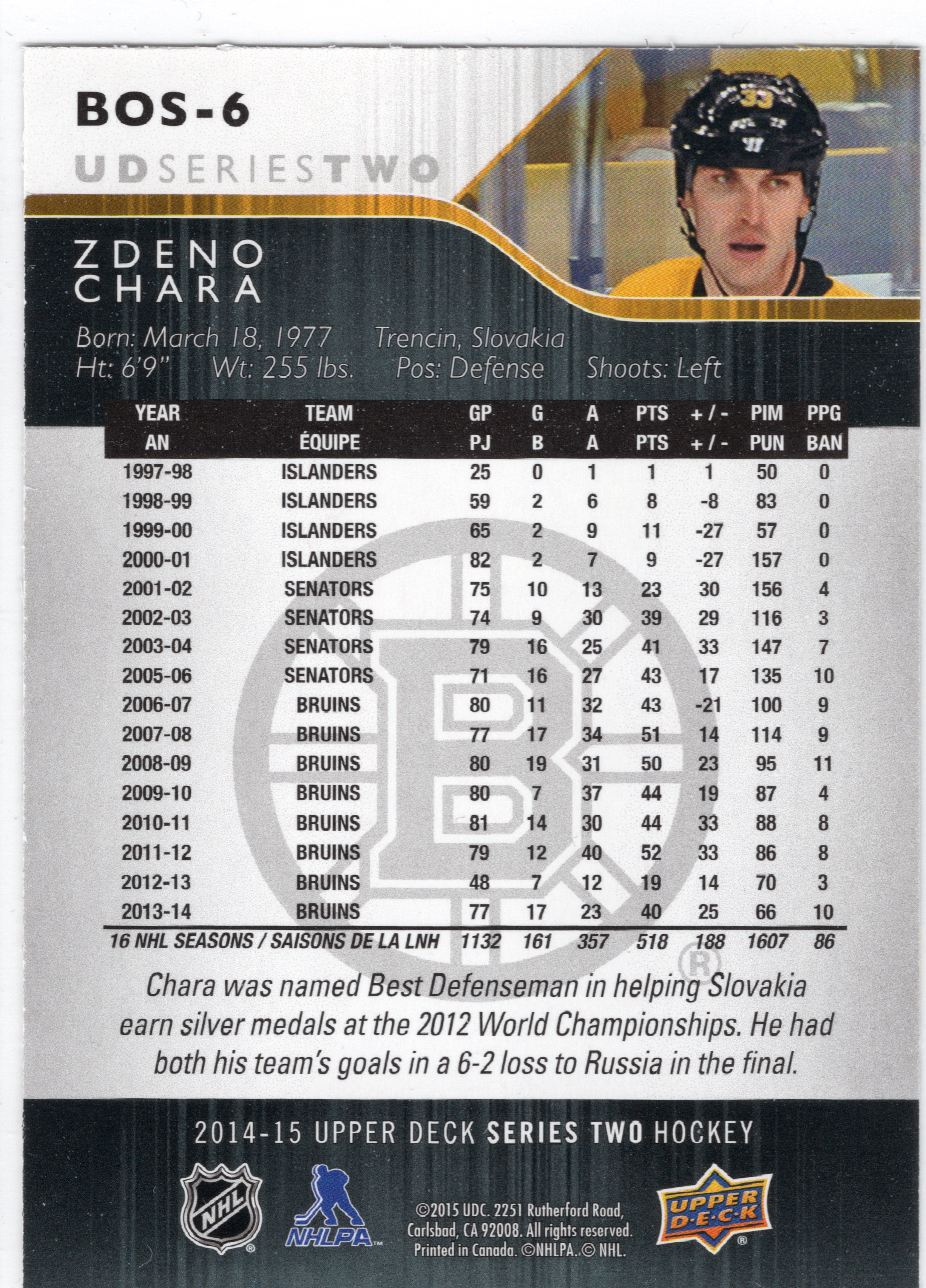 2014-15 Upper Deck Boston Bruins #BOS6 Zdeno Chara