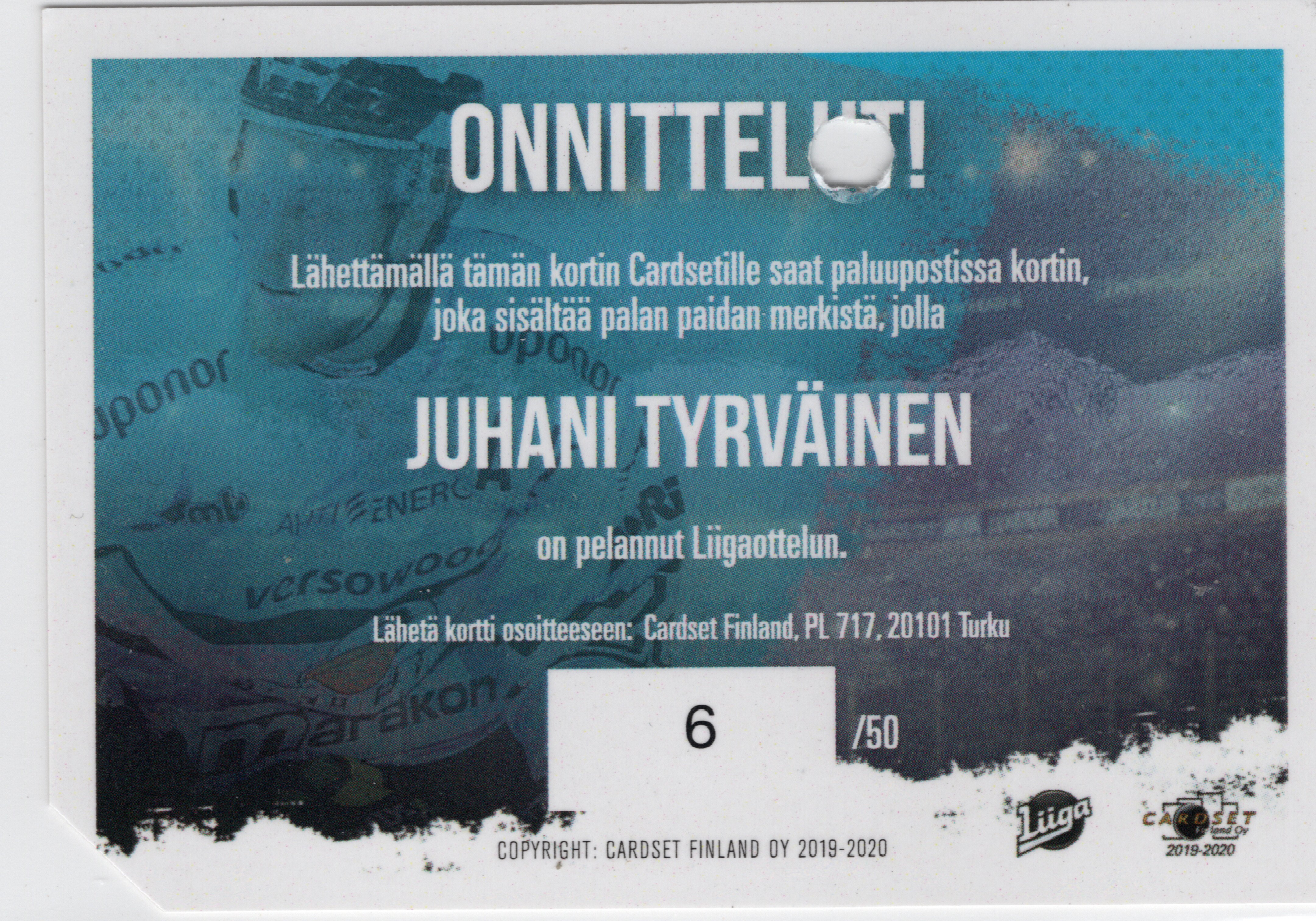2019-20 Cardset Signature Sensation Game Worn Jersey #NNO Juhani Tyrväinen /50