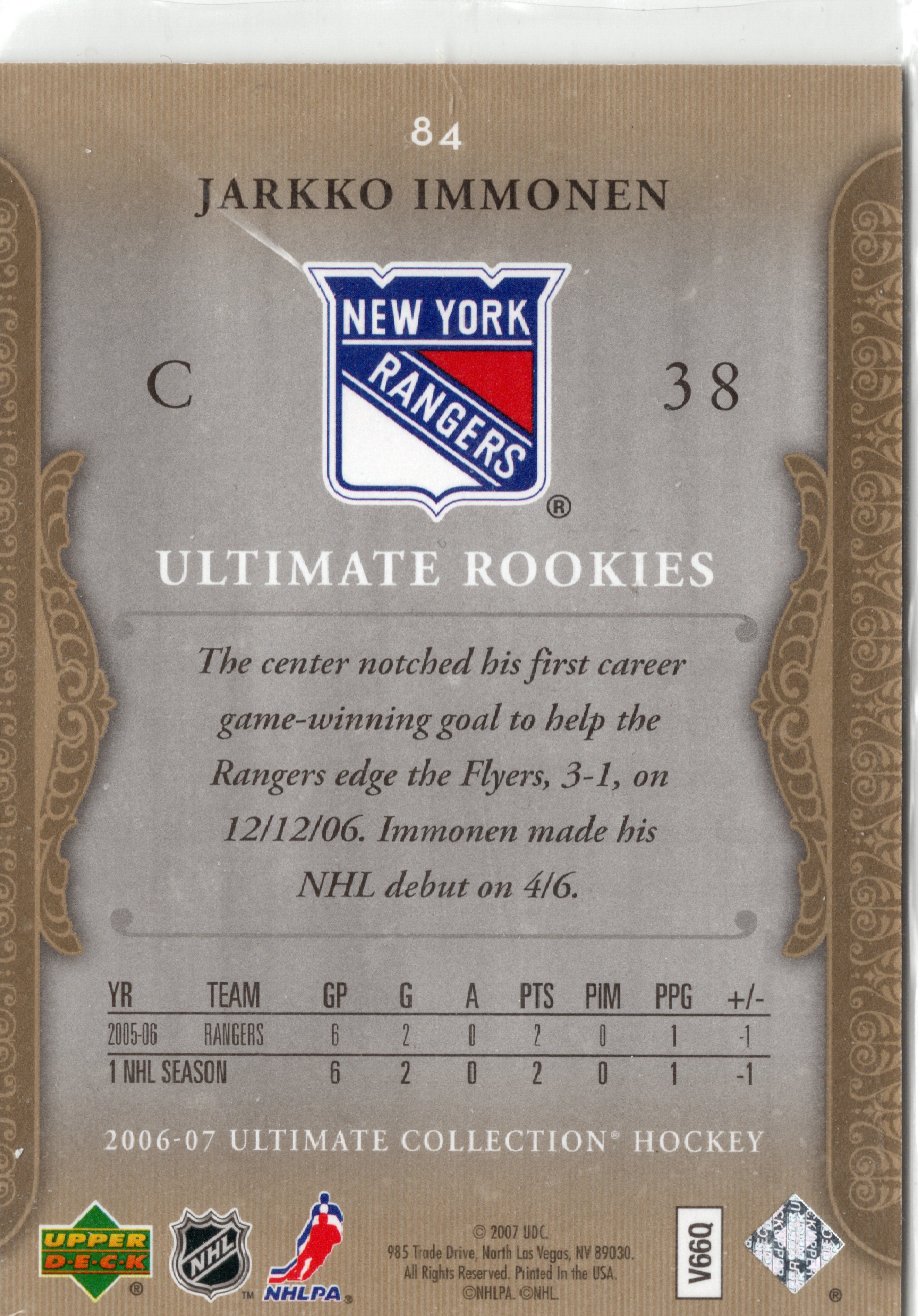 2006-07 Upper Deck Ultimate Collection #84 Jarkko Immonen RC, /699