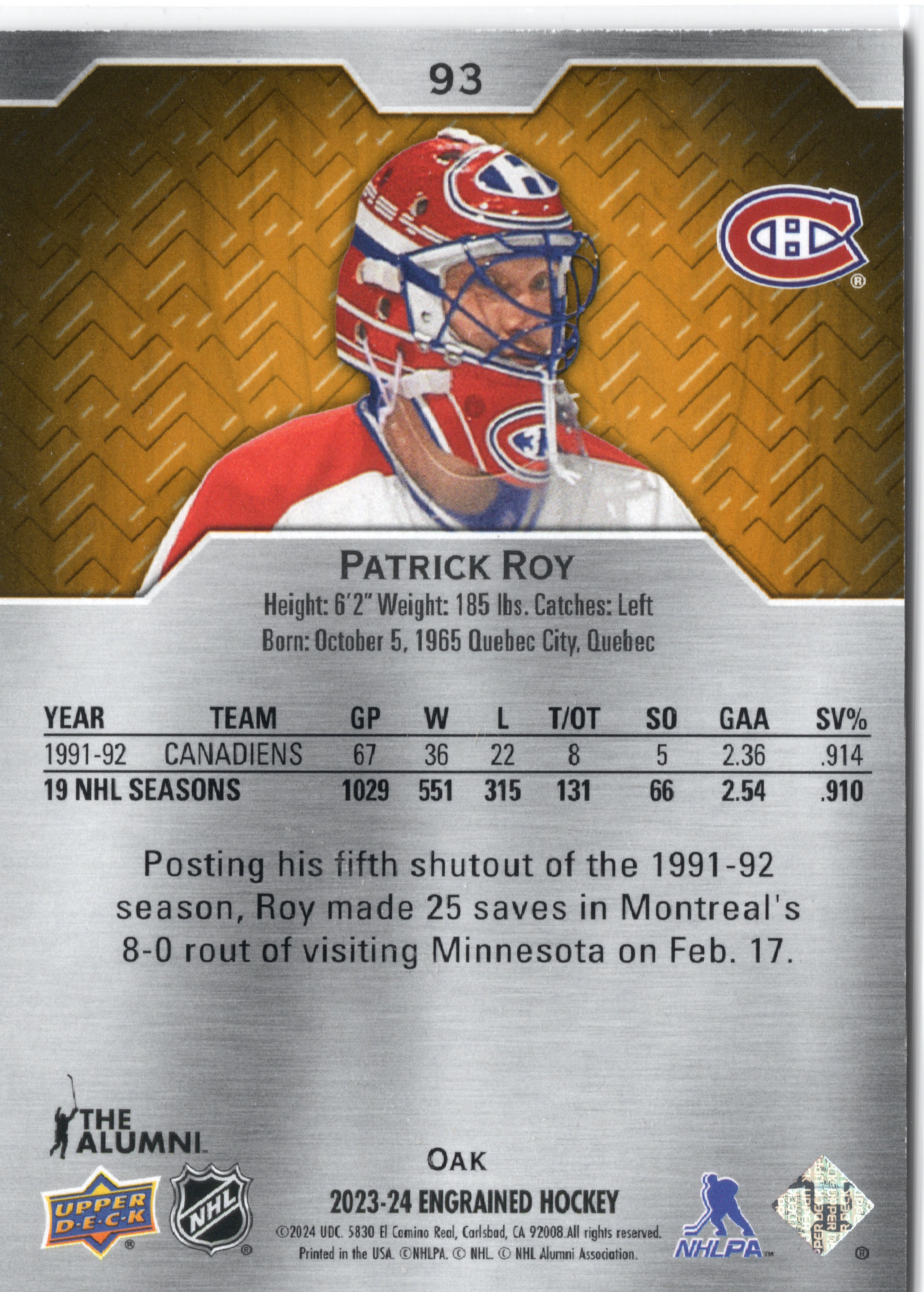 2023-24 Upper Deck Engrained #93 Patrick Roy /299