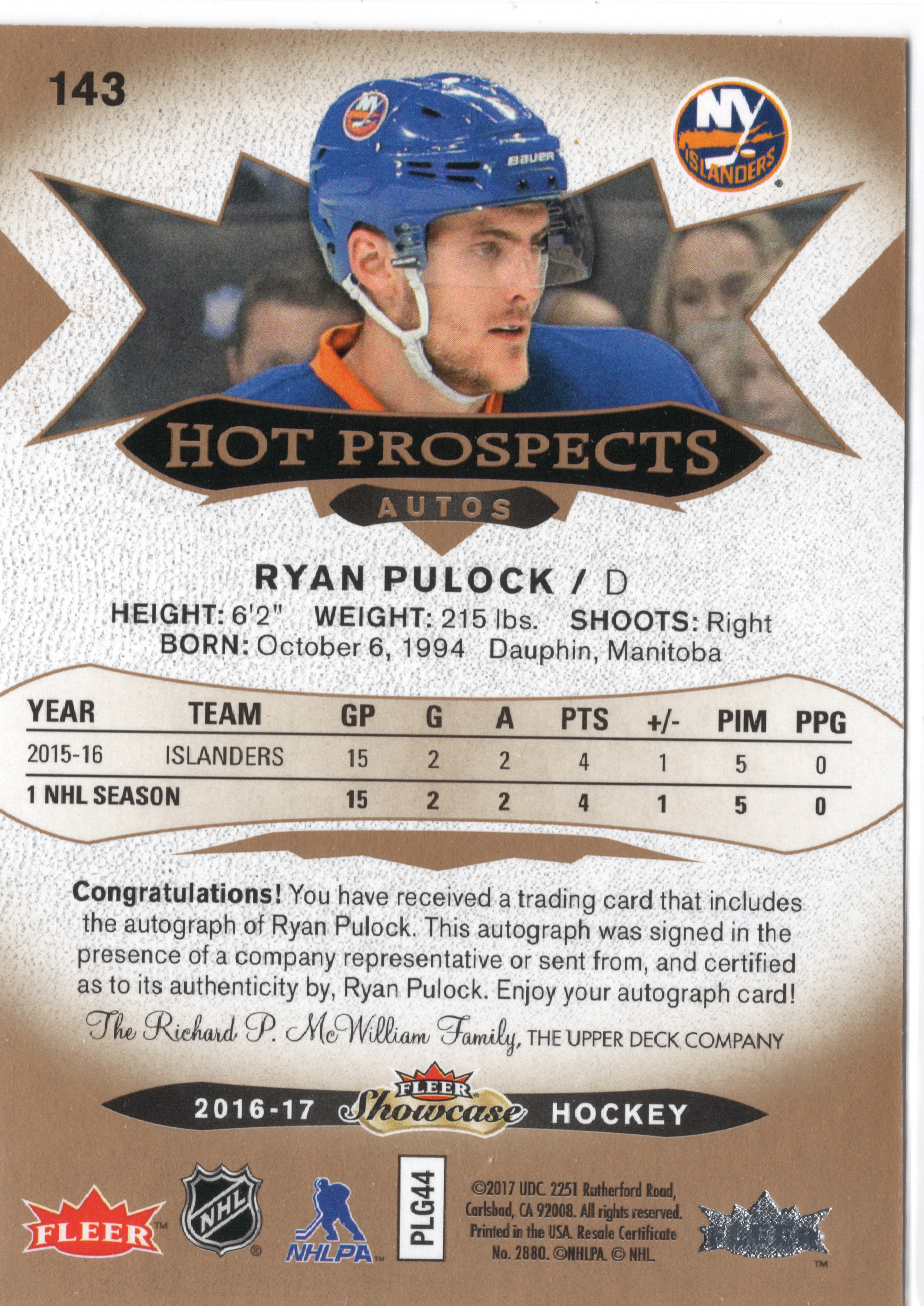 2016-17 Fleer Showcase #143 Ryan Pulock RC, /499