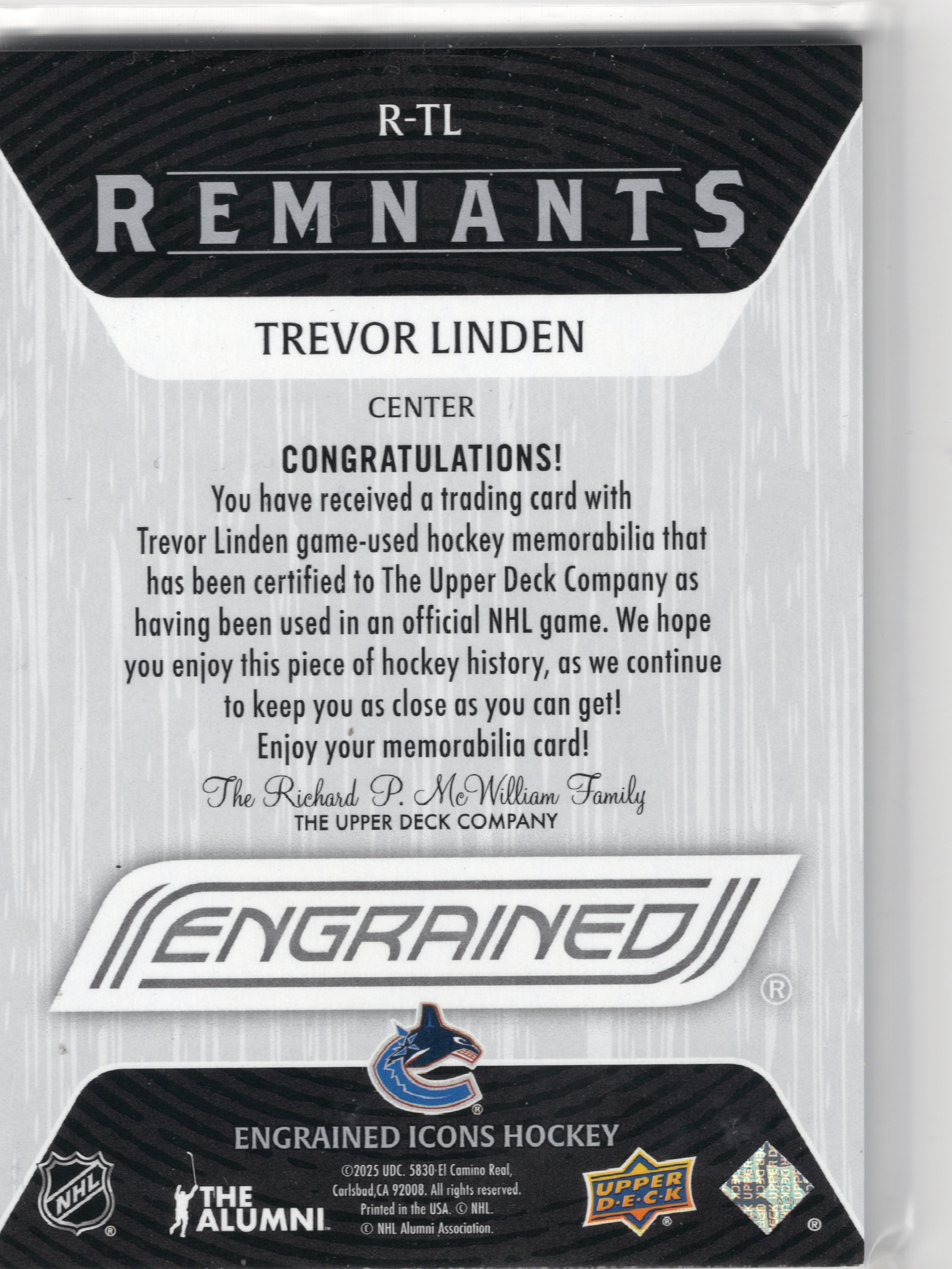 2024-25 Upper Deck Engrained Icons Remnants #RTL Trevor Linden /100