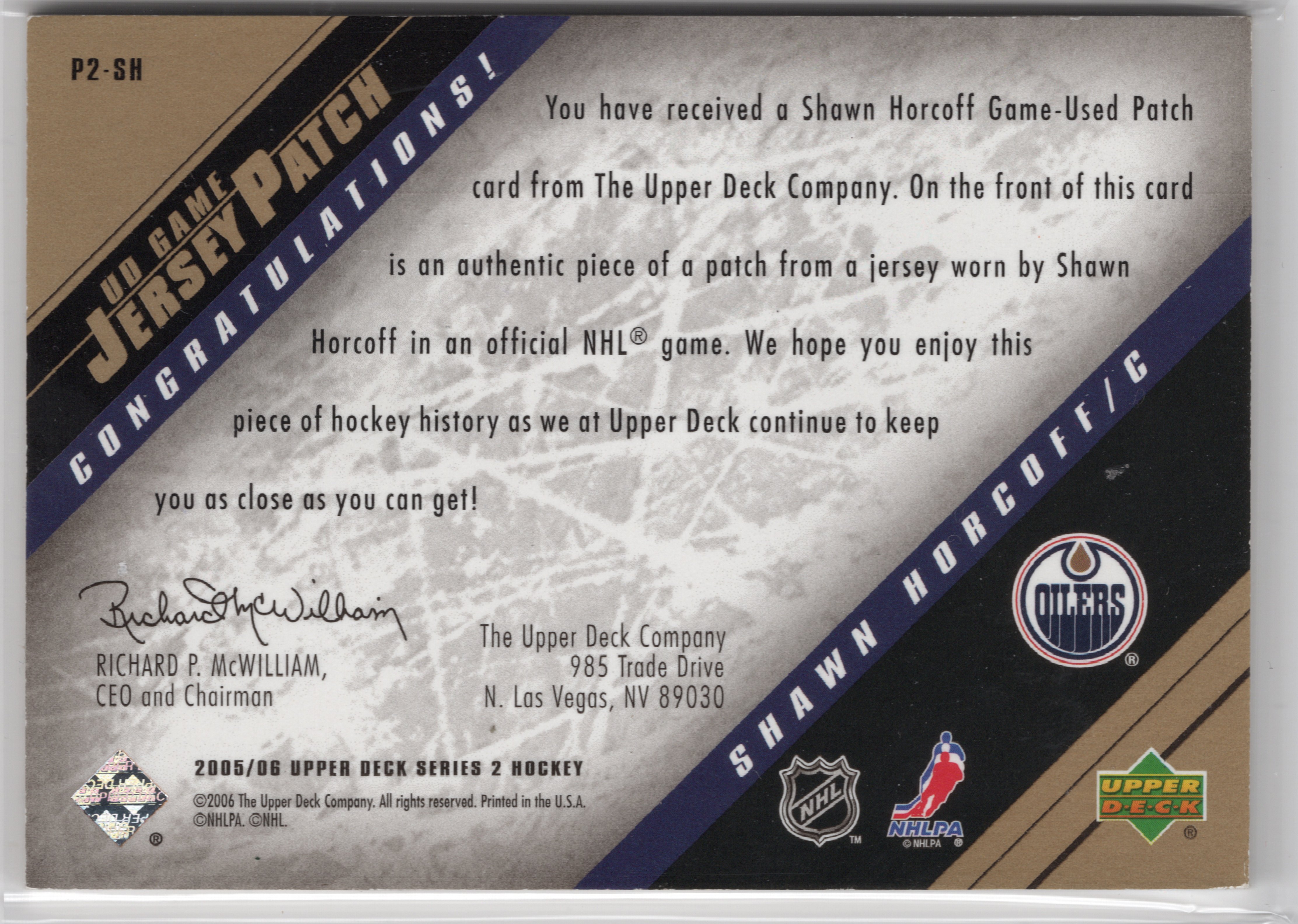 2005-06 Upper Deck UD Game Jersey Patches #P2SH Shawn Horcoff /15