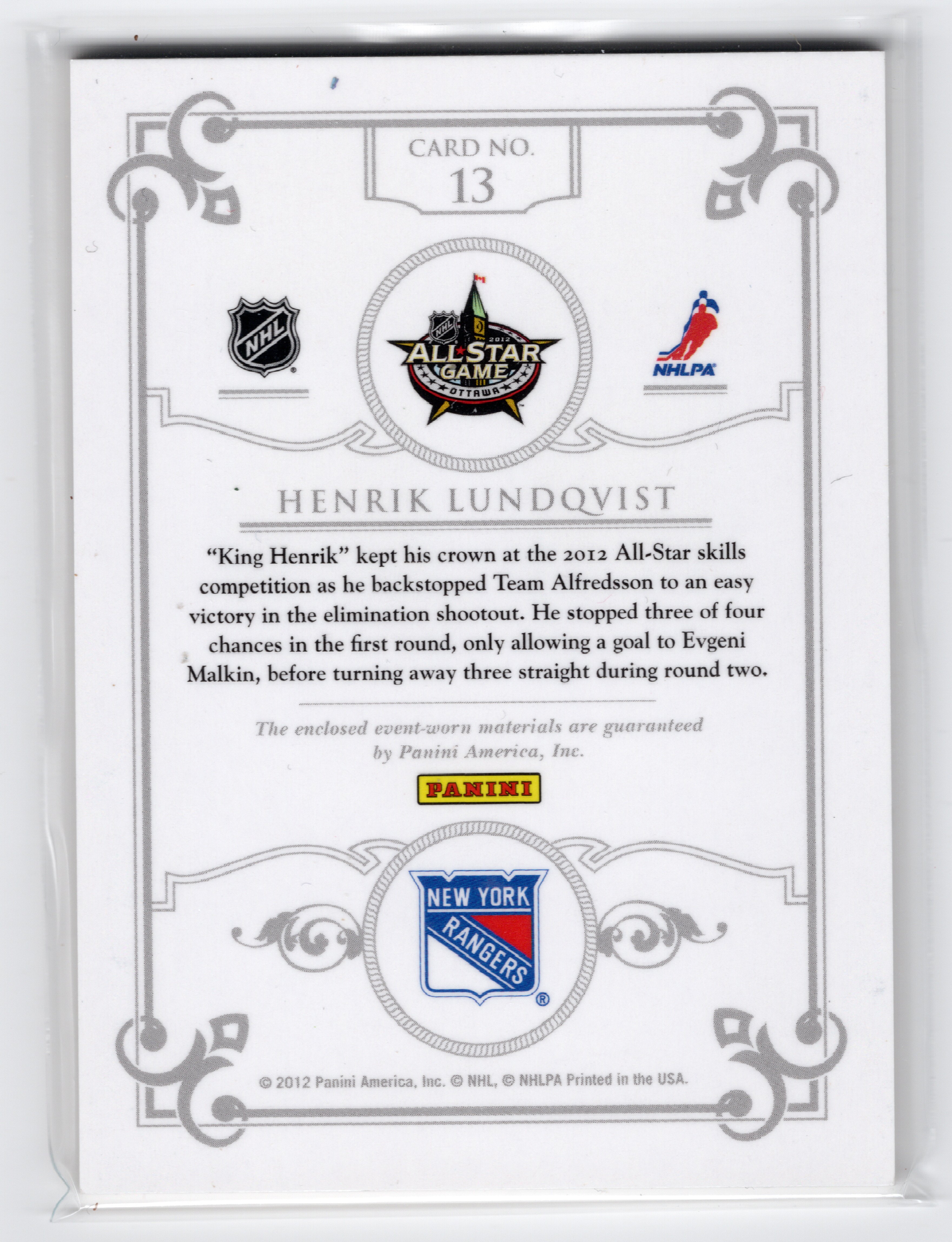 2011-12 Panini Dominion All Star Skills Complete Sweaters #13 Henrik Lundqvist /15