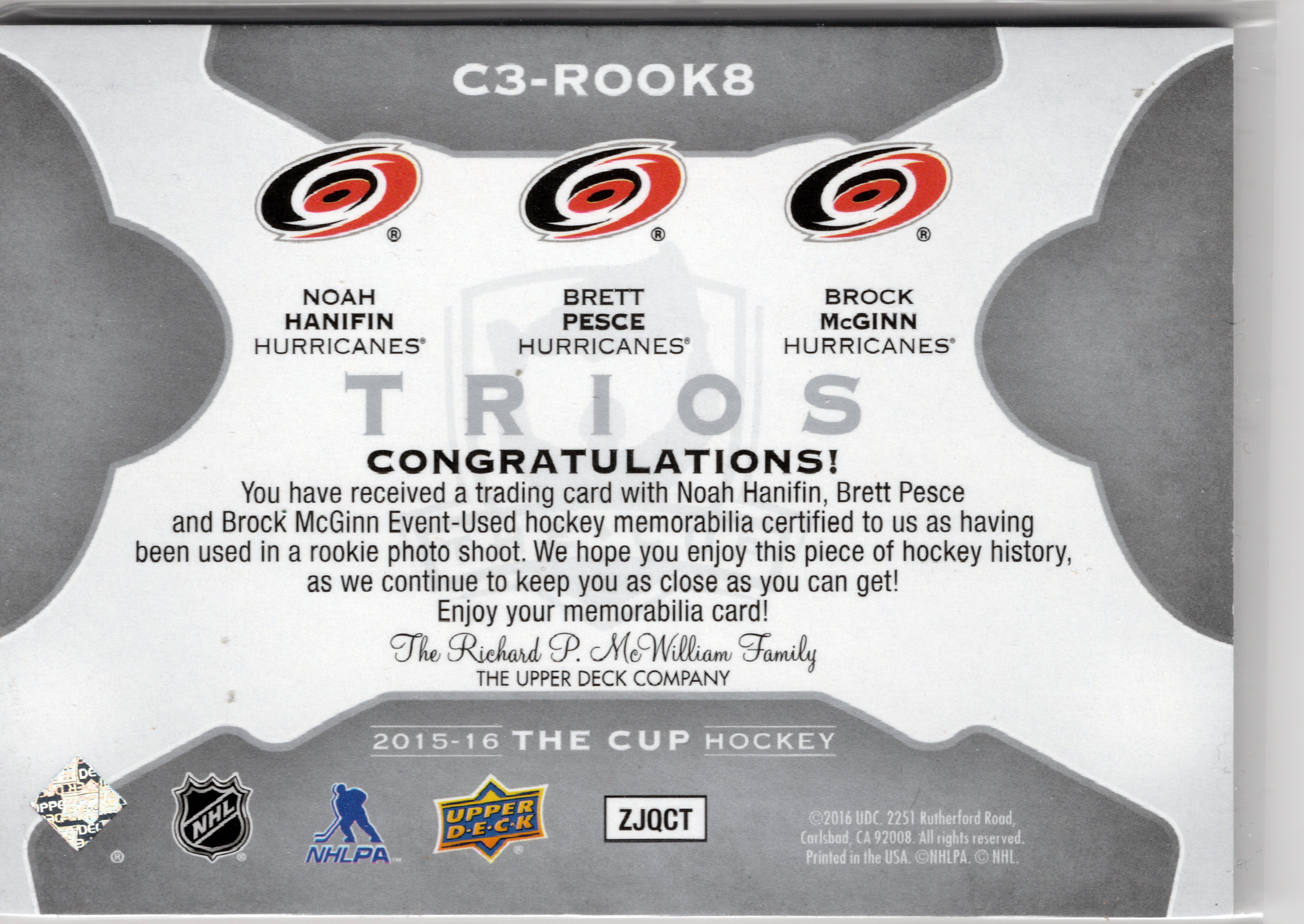 2015-16 Upper Deck The Cup Cup Trios Jersey #C3ROOK8 Noah Hanifin / Brett Pesce / Brock McGinn /40
