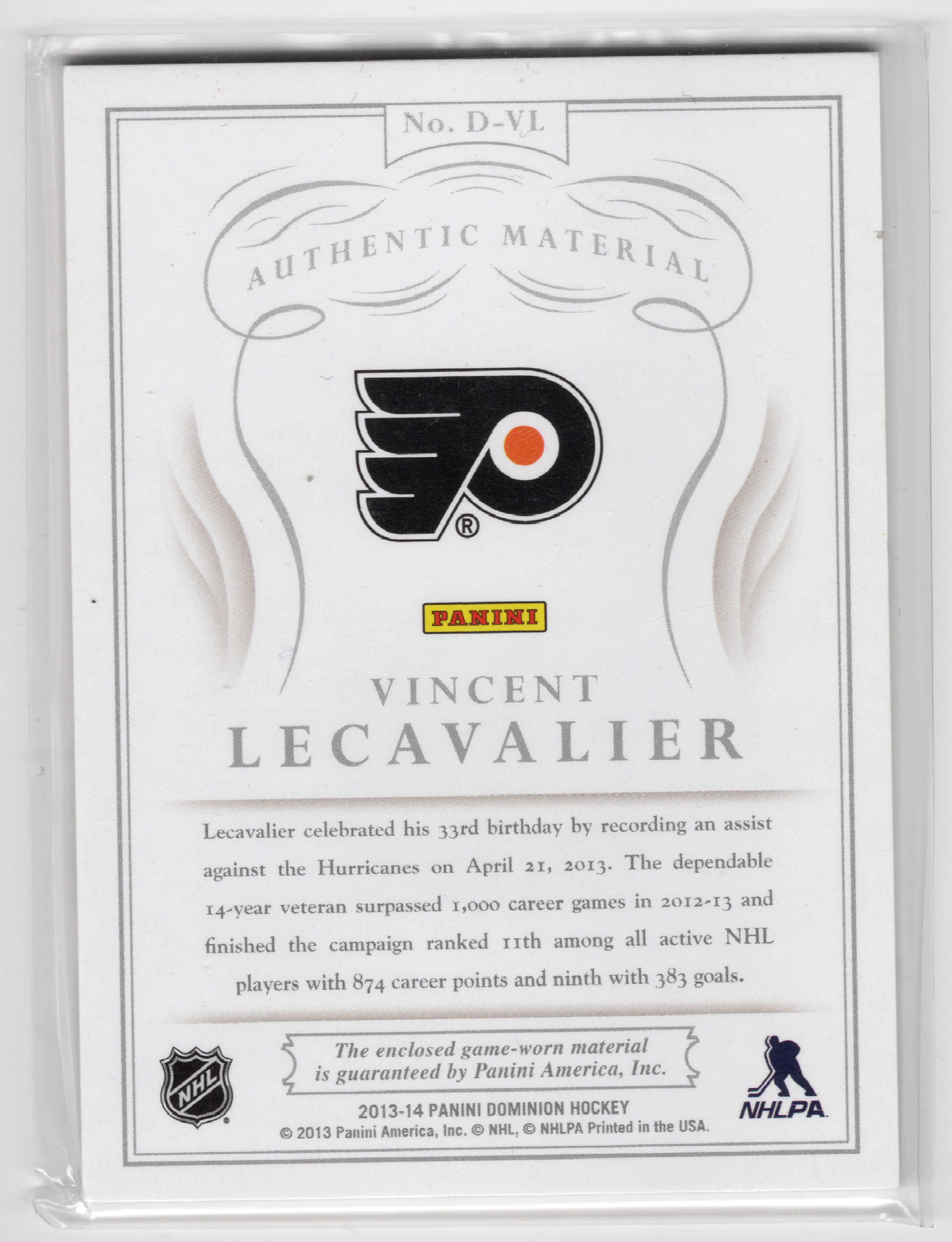 2013-14 Panini Dominion Authentic Material #DVL Vincent Lecavalier /99