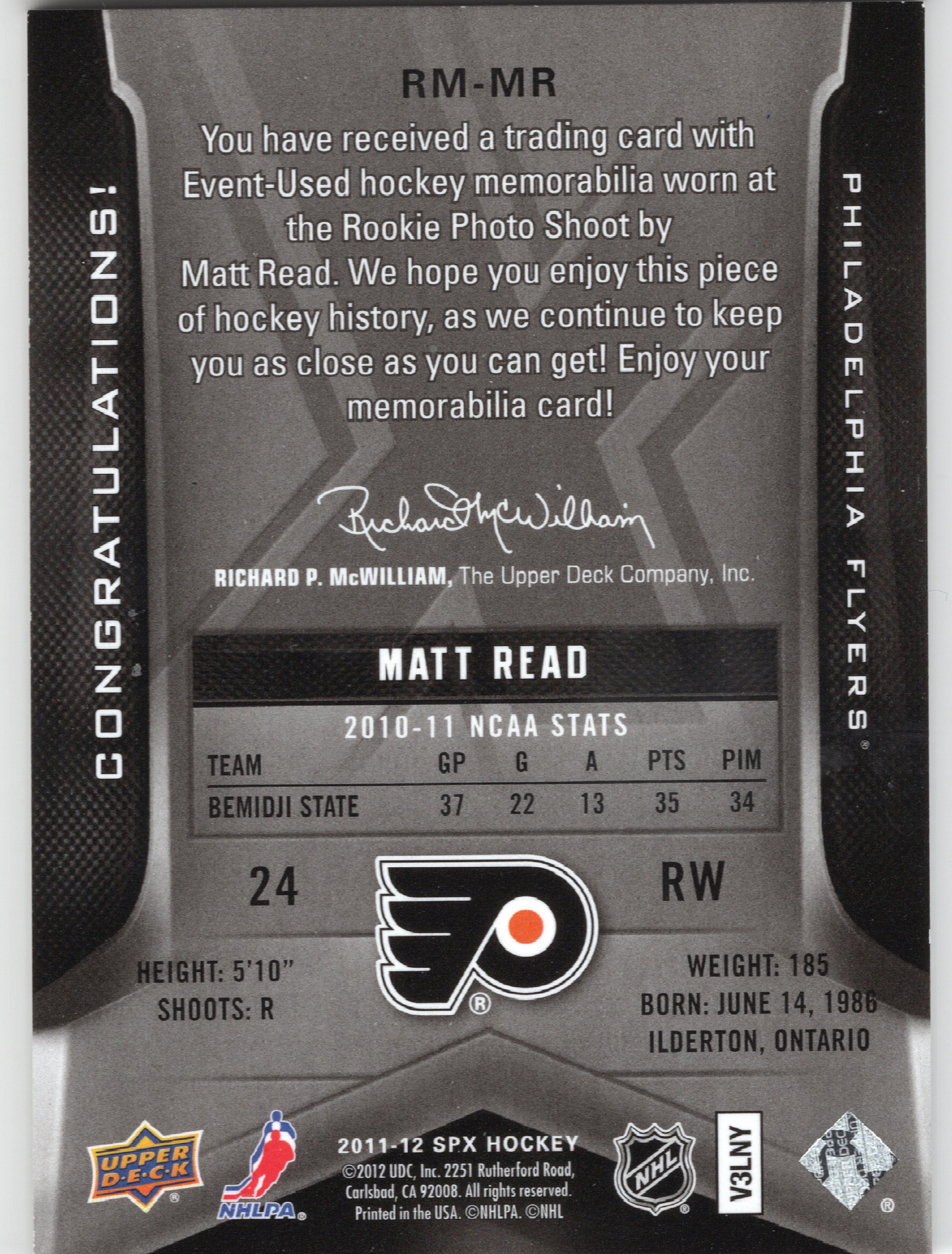2011-12 SPx Rookie Materials Patches #RMMR Matt Read /25