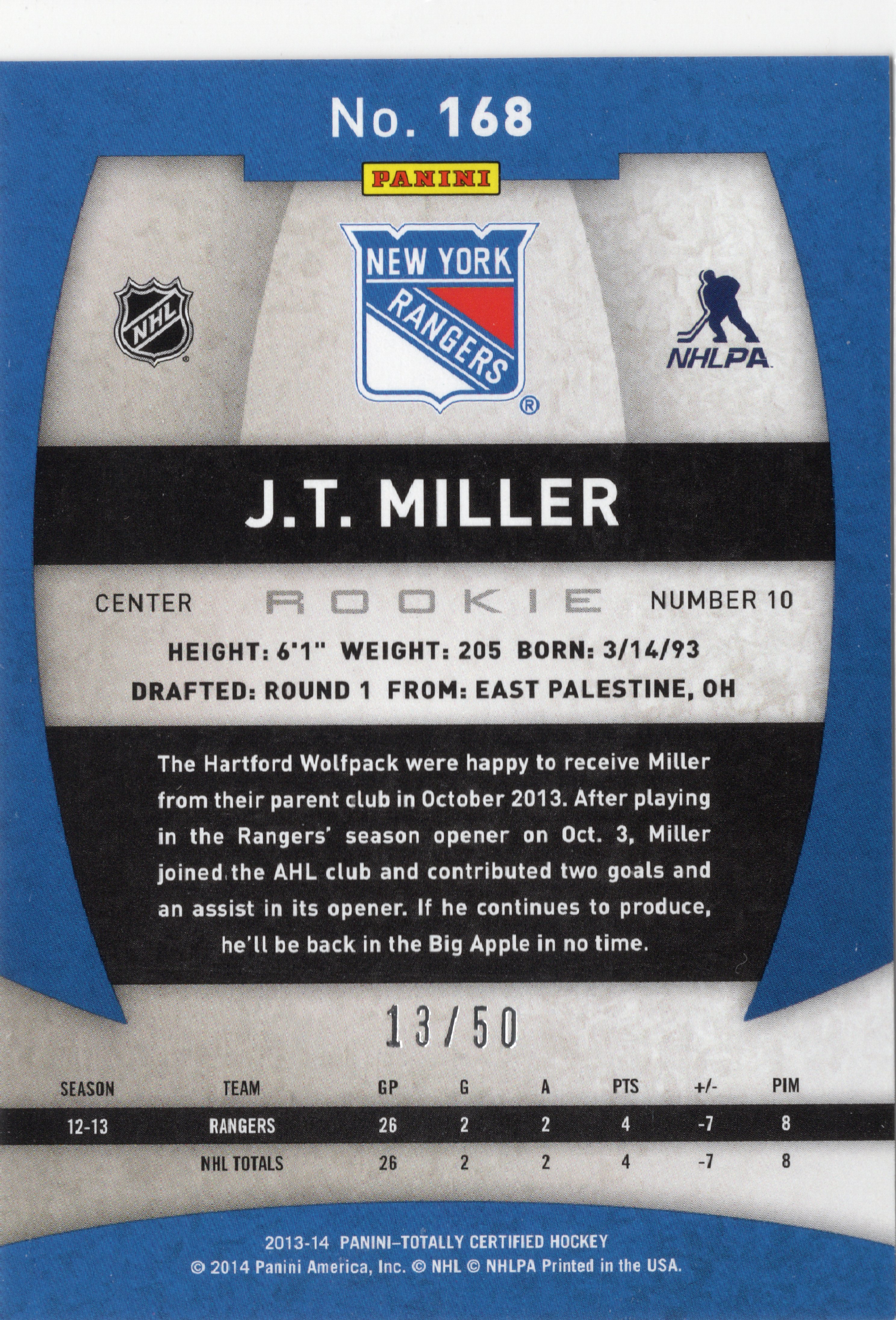 2013-14 Panini Totally Certified Platinum Blue #168 J.T. Miller /50