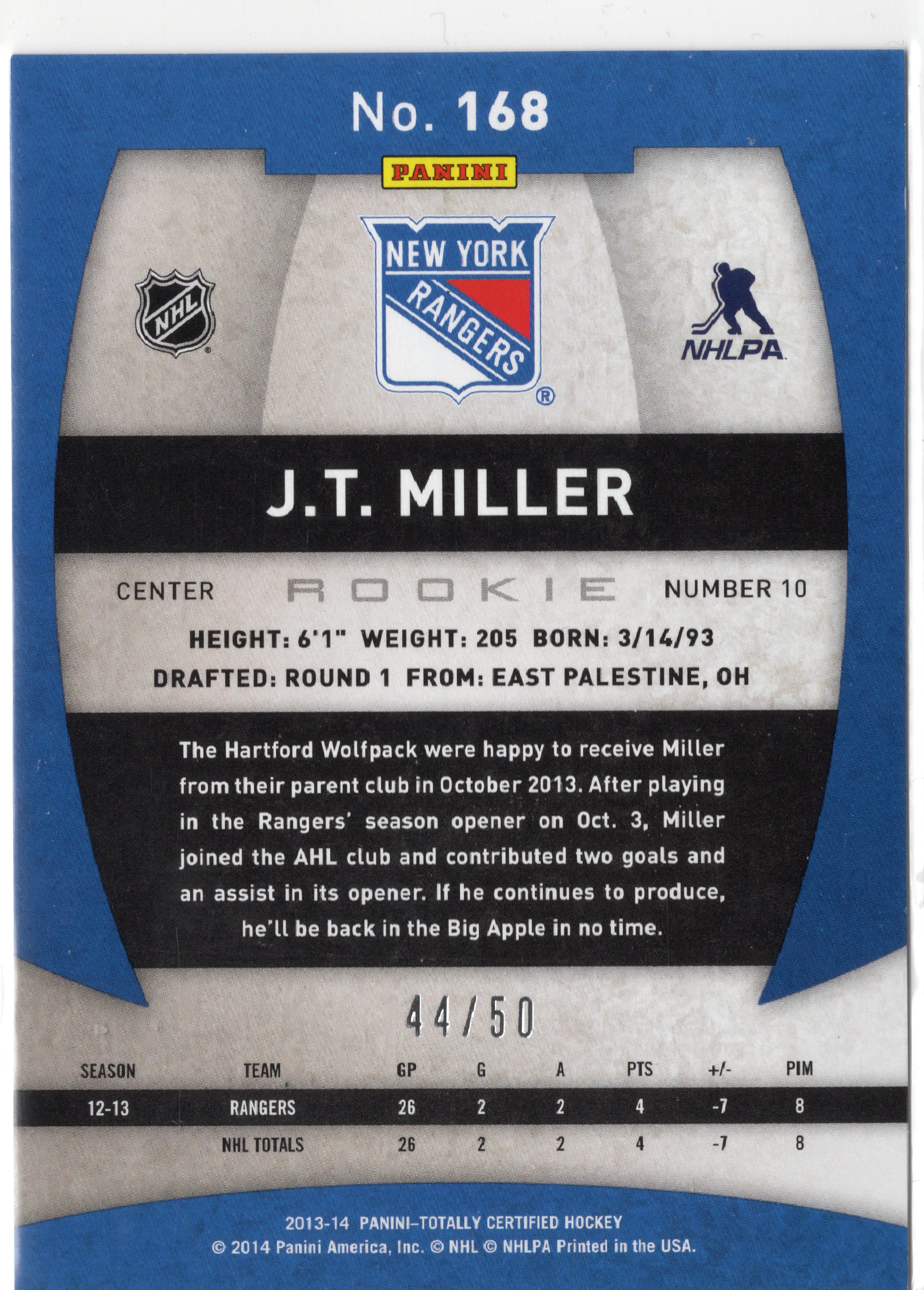 2013-14 Panini Totally Certified Platinum Blue #168 J.T. Miller /50