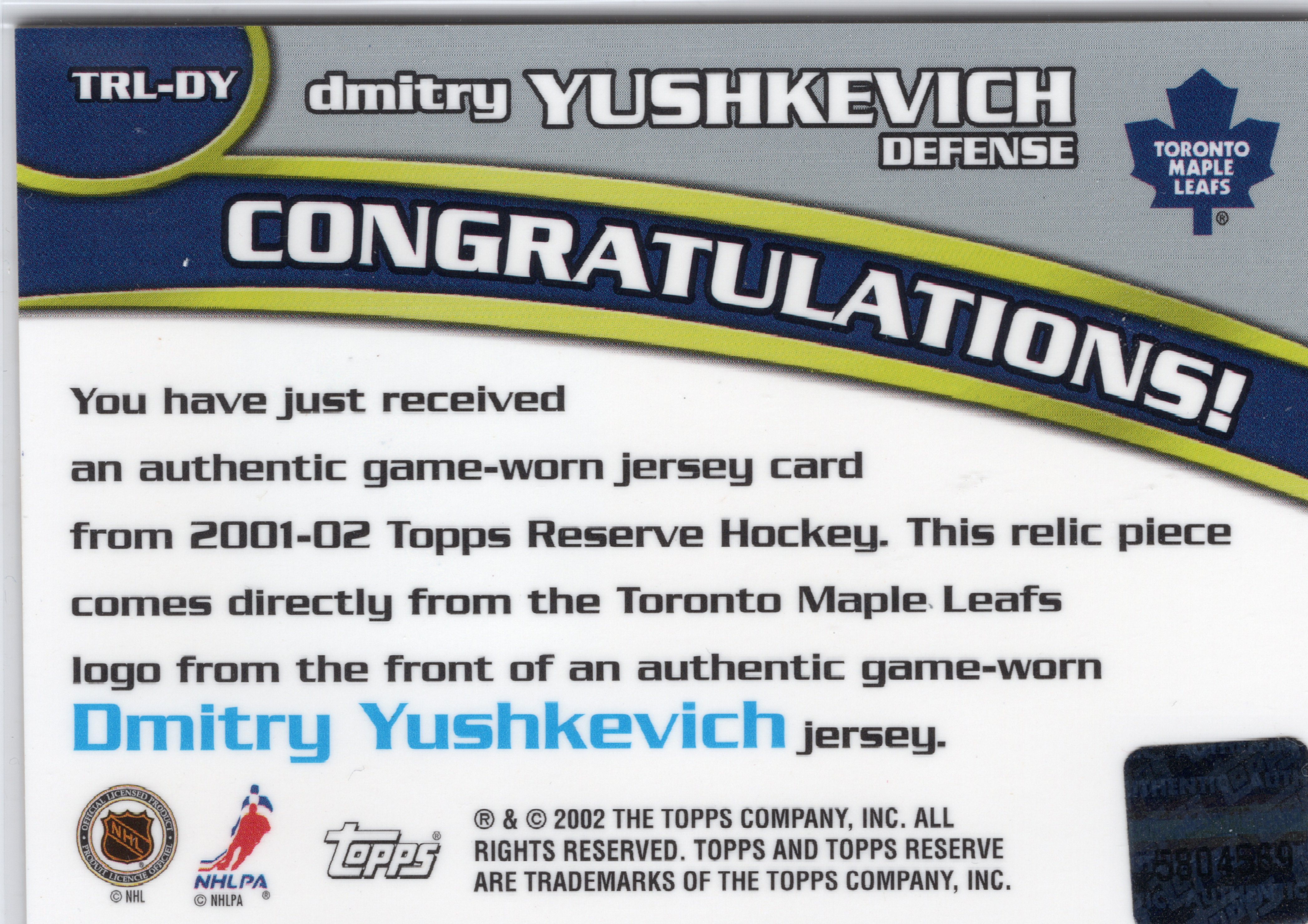 2001-02 Topps Reserve Emblems #TRLDY Dmitry Yushkevich