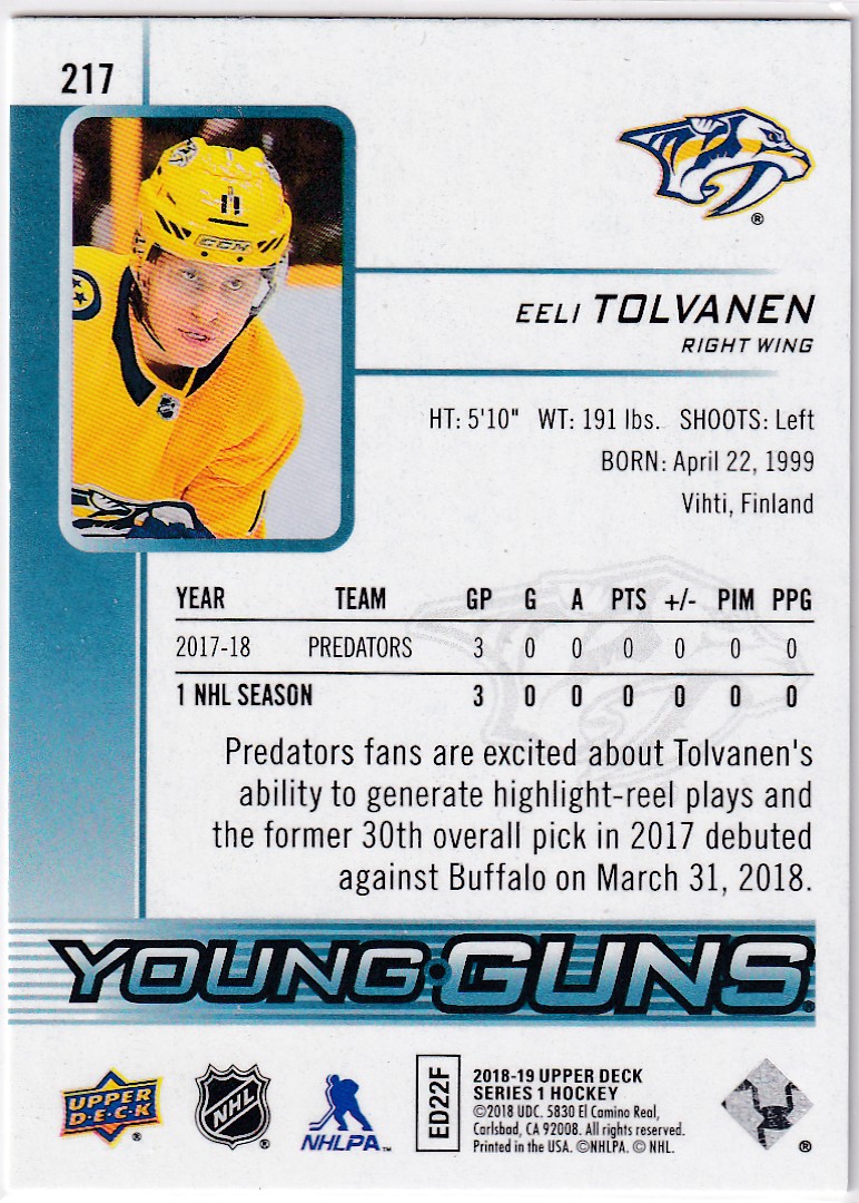  2018-19 Upper Deck #217 Eeli Tolvanen YG RC