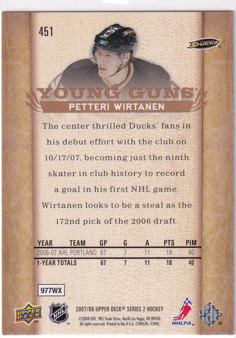  2007-08 Upper Deck #451 Petteri Wirtanen YG RC
