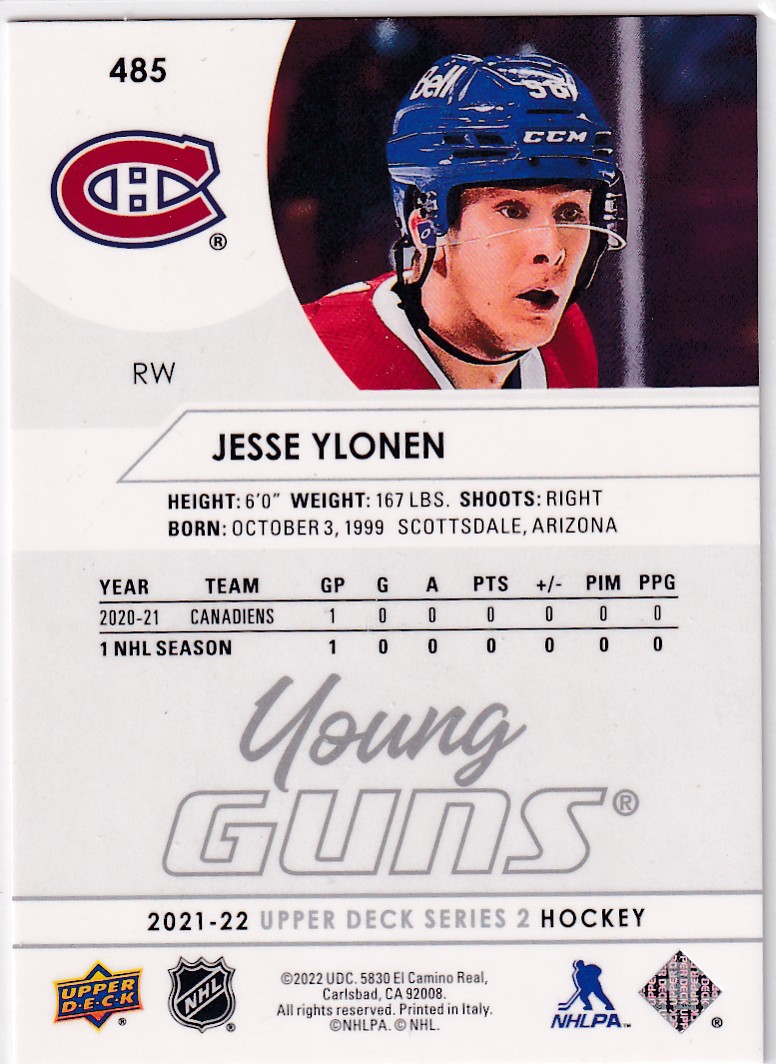 2021-22 Upper Deck #485 Jesse Ylonen YG RC Ylönen