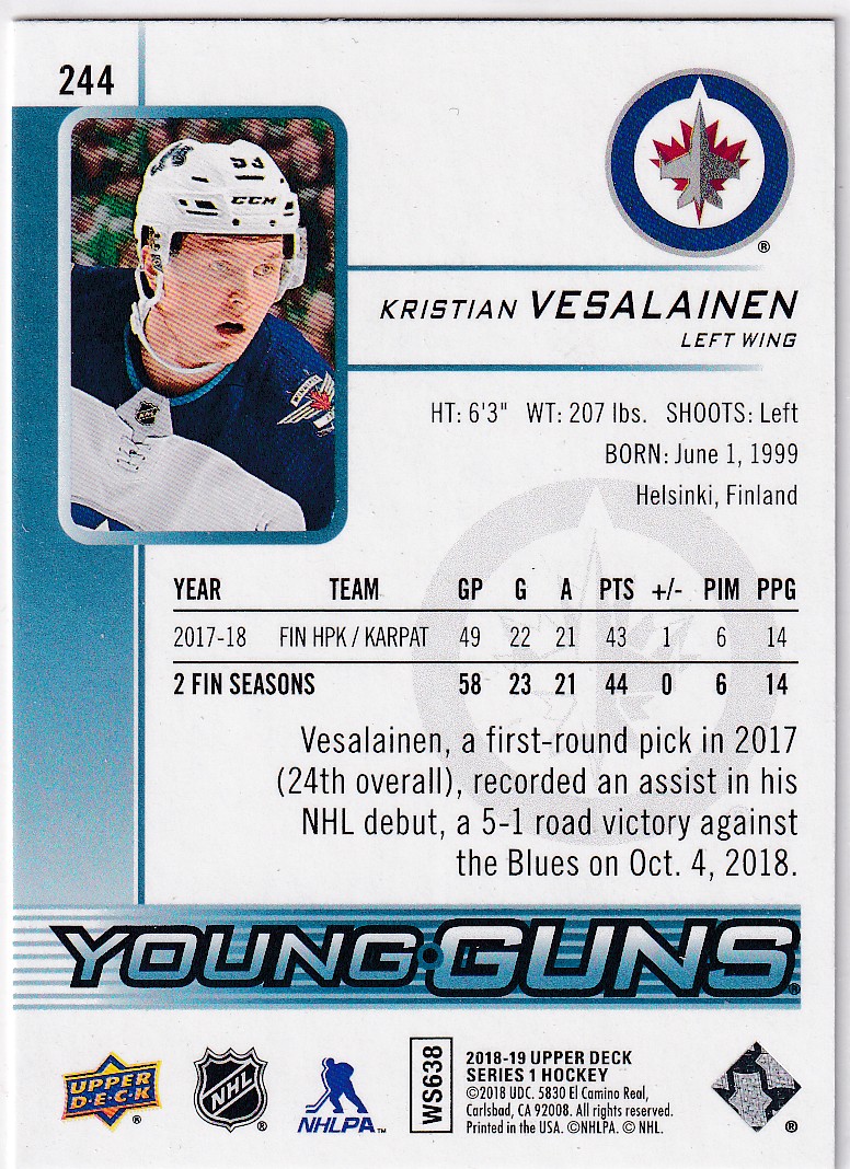  2018-19 Upper Deck #244 Kristian Vesalainen YG RC