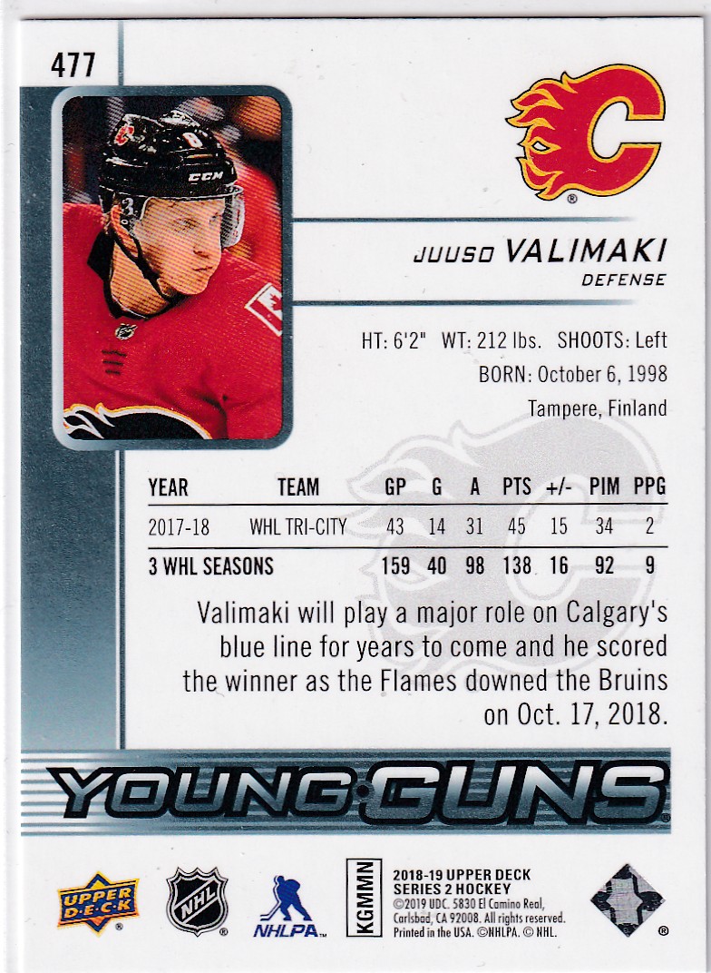  2018-19 Upper Deck #477 Juuso Valimaki YG RC Välimäki