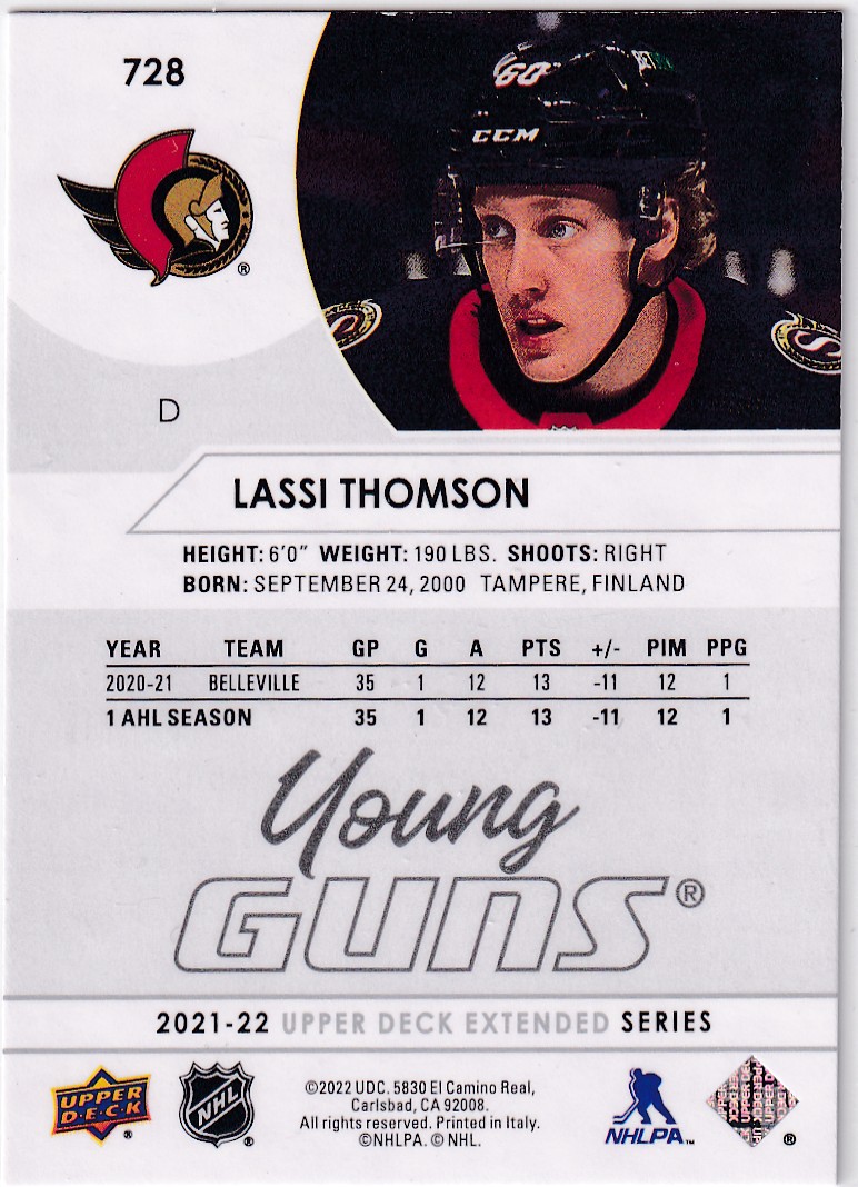 2021-22 Upper Deck #728 Lassi Thomson YG RC