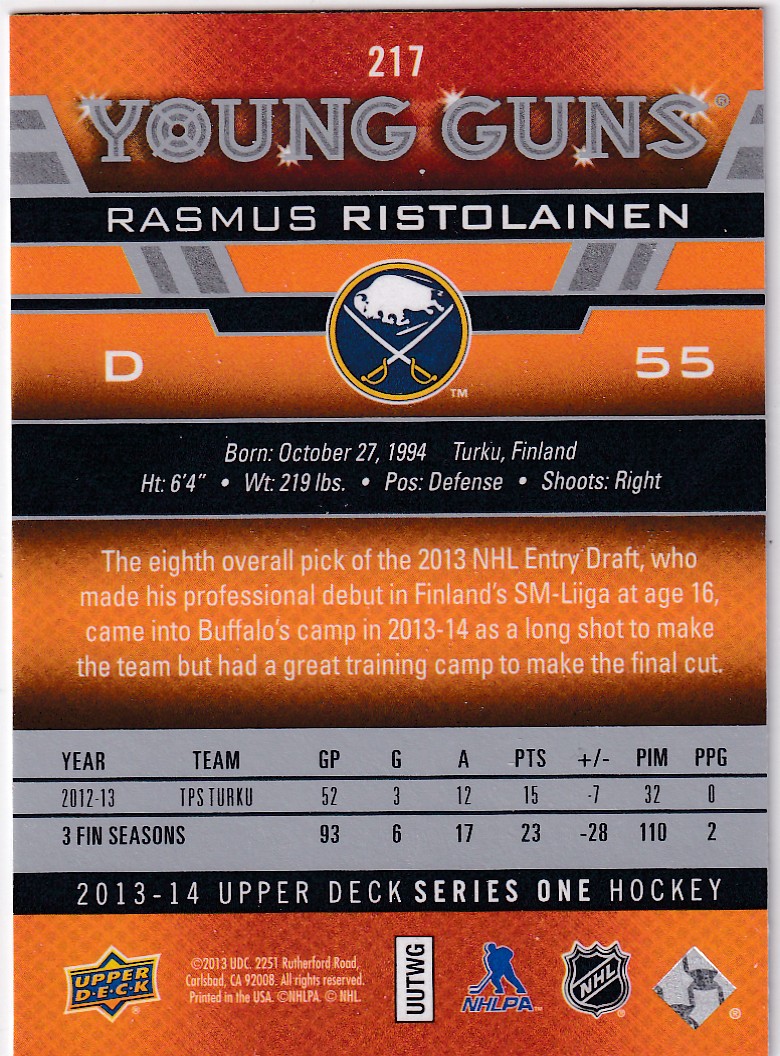  2013-14 Upper Deck #217 Rasmus Ristolainen YG RC