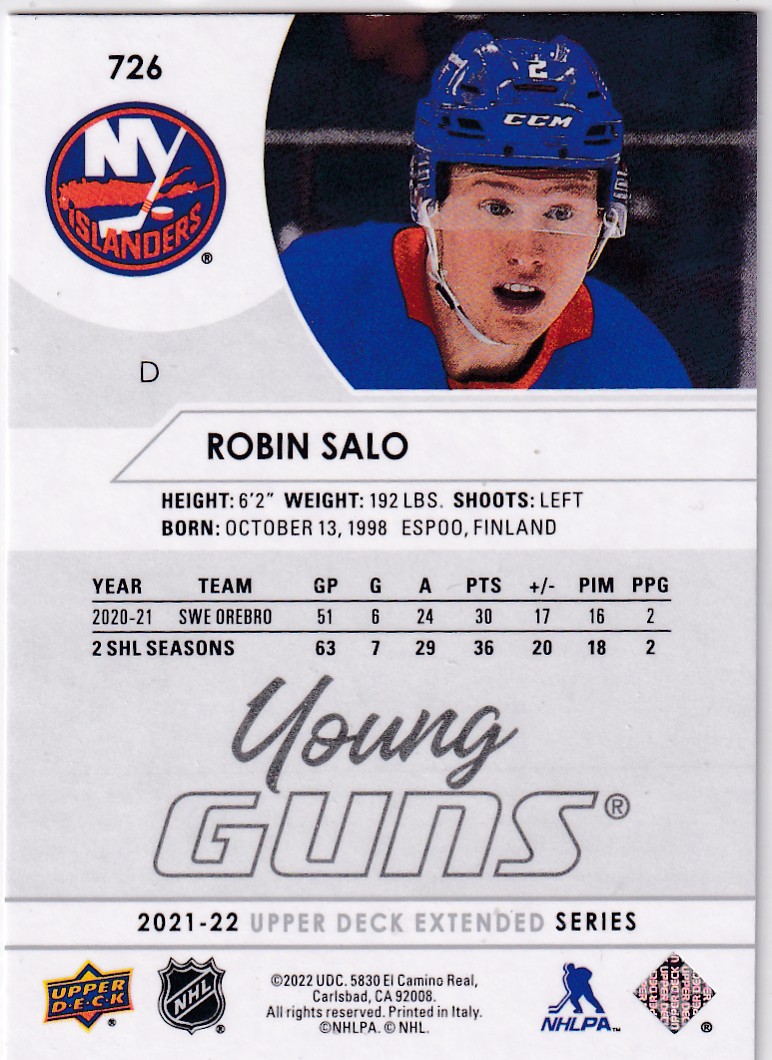  2021-22 Upper Deck #726 Robin Salo YG RC