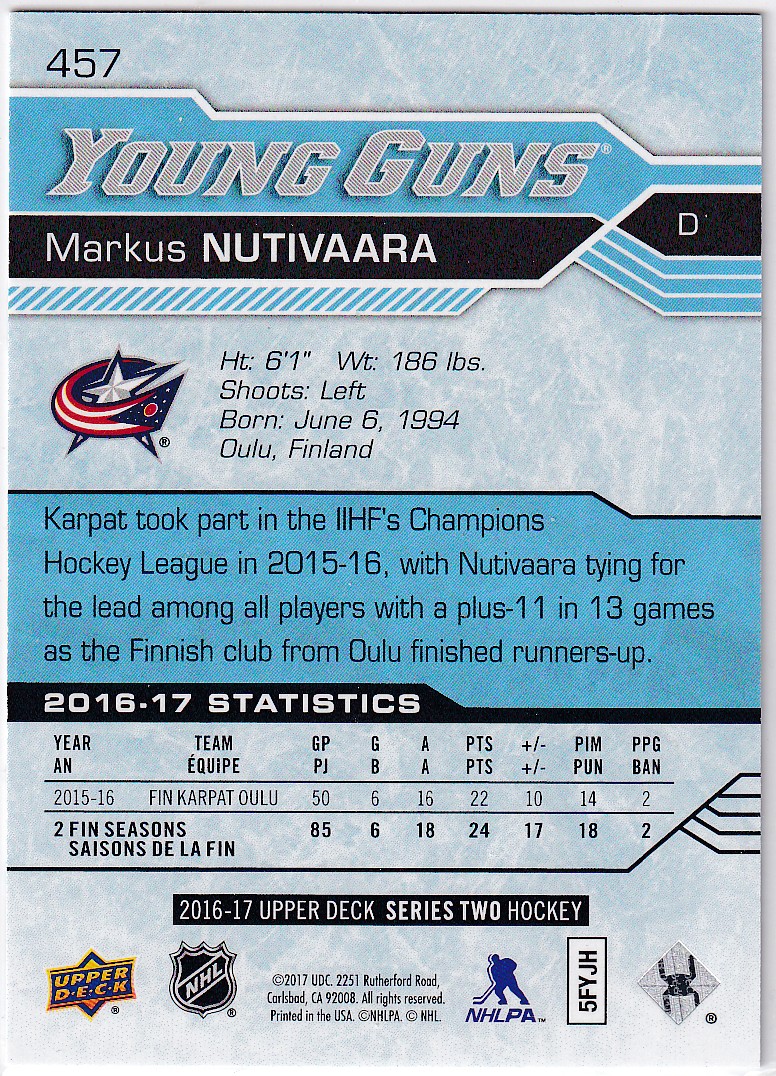  2016-17 Upper Deck #457 Markus Nutivaara YG RC
