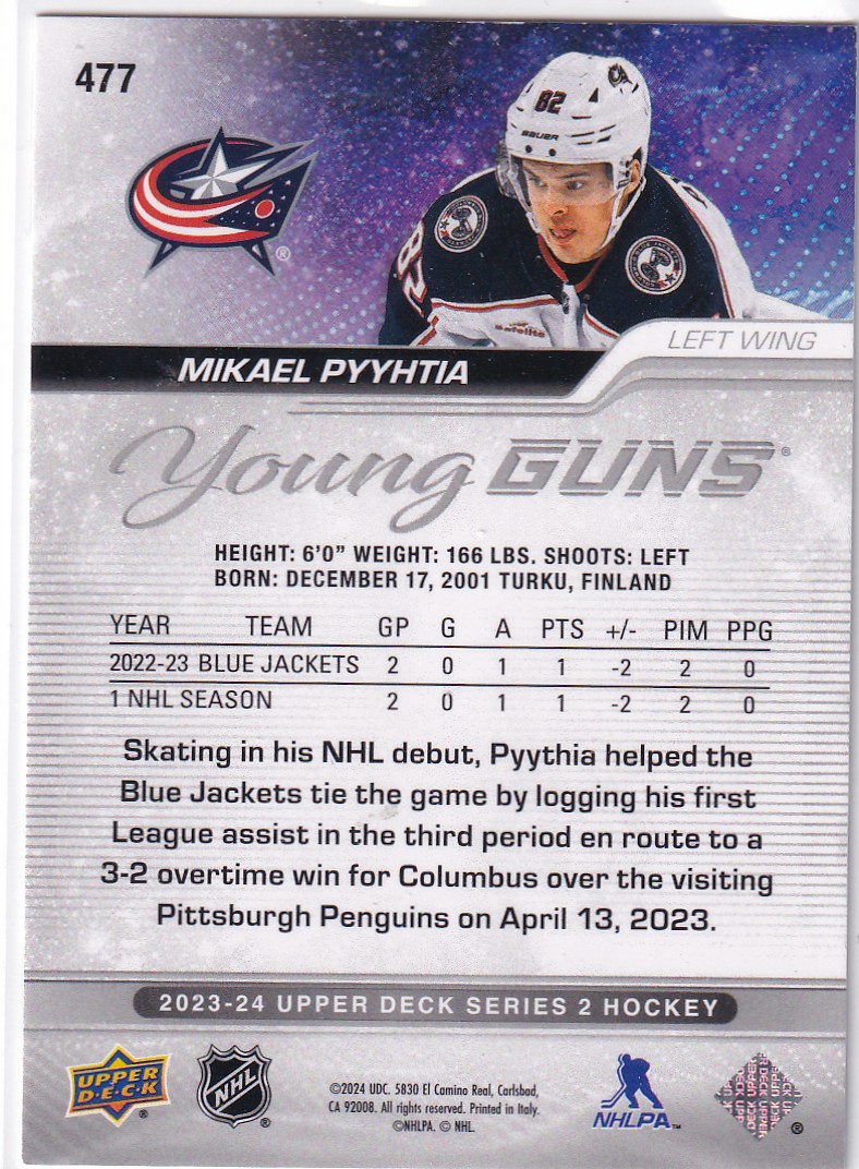  2023-24 Upper Deck #477 Mikael Pyyhtia YG RC Pyyhtiä