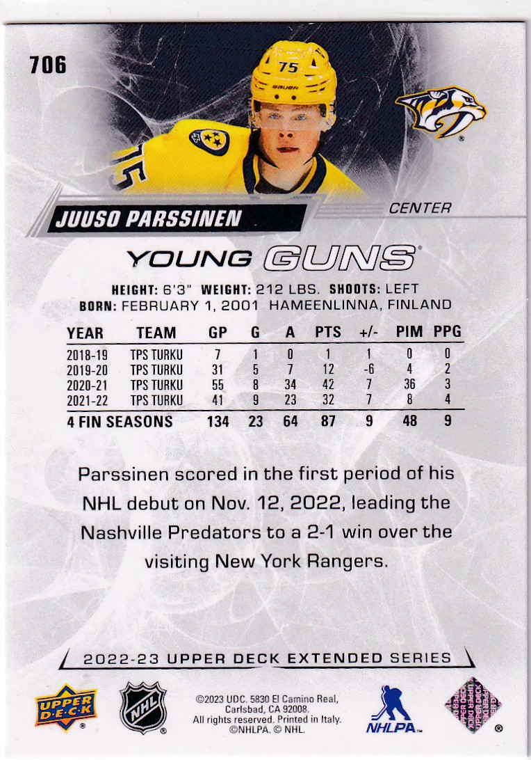  2022-23 Upper Deck #706 Juuso Parssinen YG RC Pärssinen