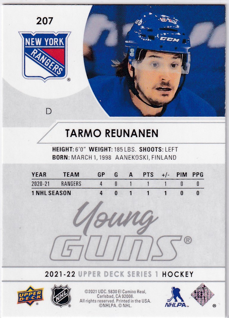  2021-22 Upper Deck #207 Tarmo Reunanen YG RC