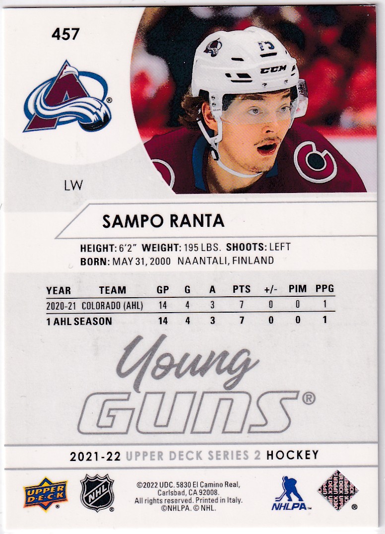  2021-22 Upper Deck #457 Sampo Ranta YG RC