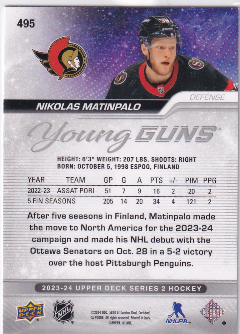  2023-24 Upper Deck #495 Nikolas Matinpalo YG RC