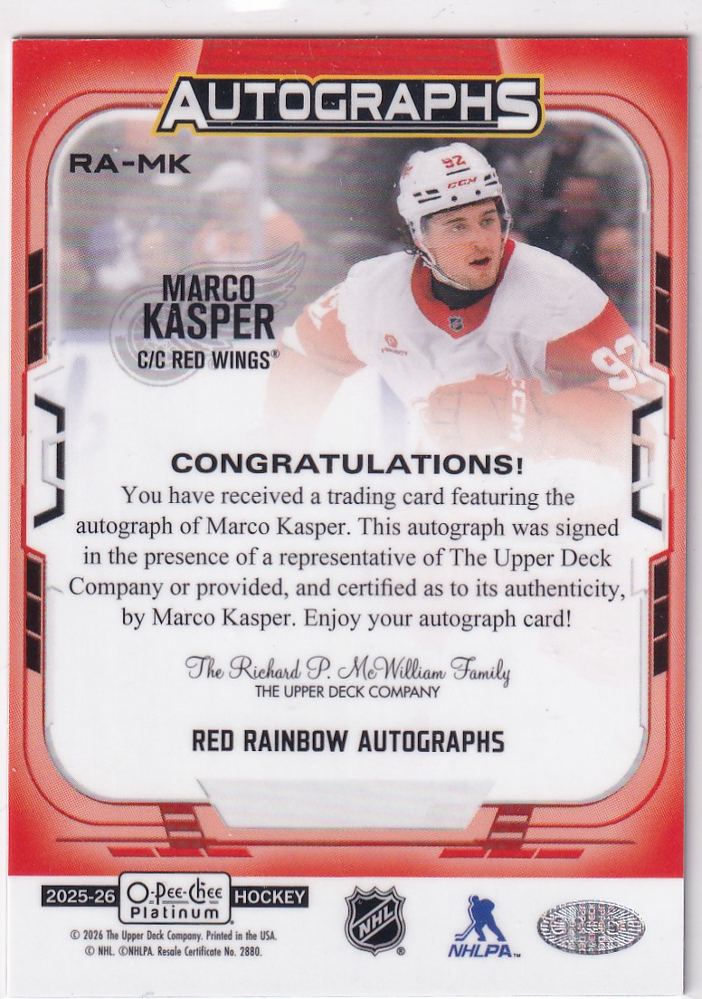 2025-26 O-Pee-Chee Platinum Red Rainbow Autographs #RAMK Marco Kasper