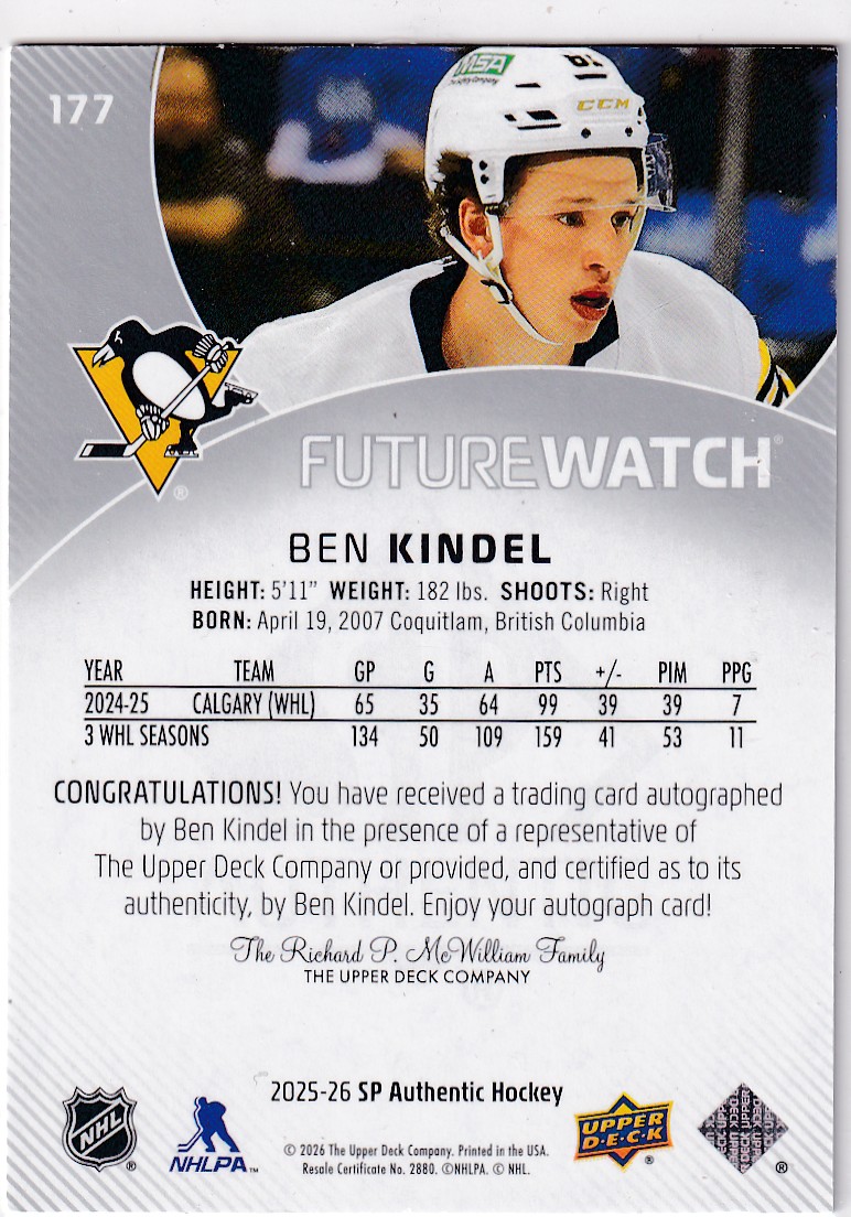 2025-26 SP Authentic #177 Ben Kindel FW AU /949* RC
