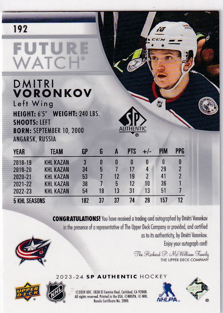 2023-24 SP Authentic #192 Dmitri Voronkov FW AU/949* XRC