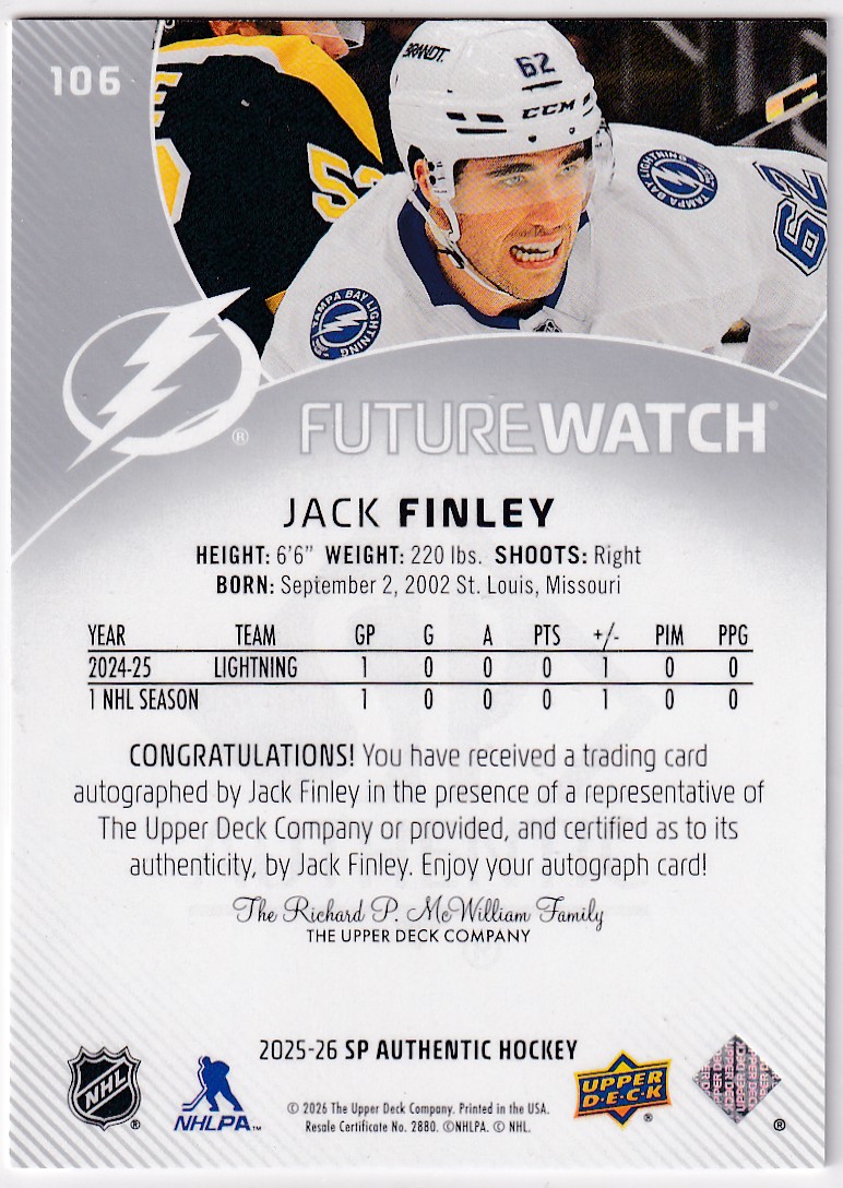 2025-26 SP Authentic #106 Jack Finley FW AU/949* RC