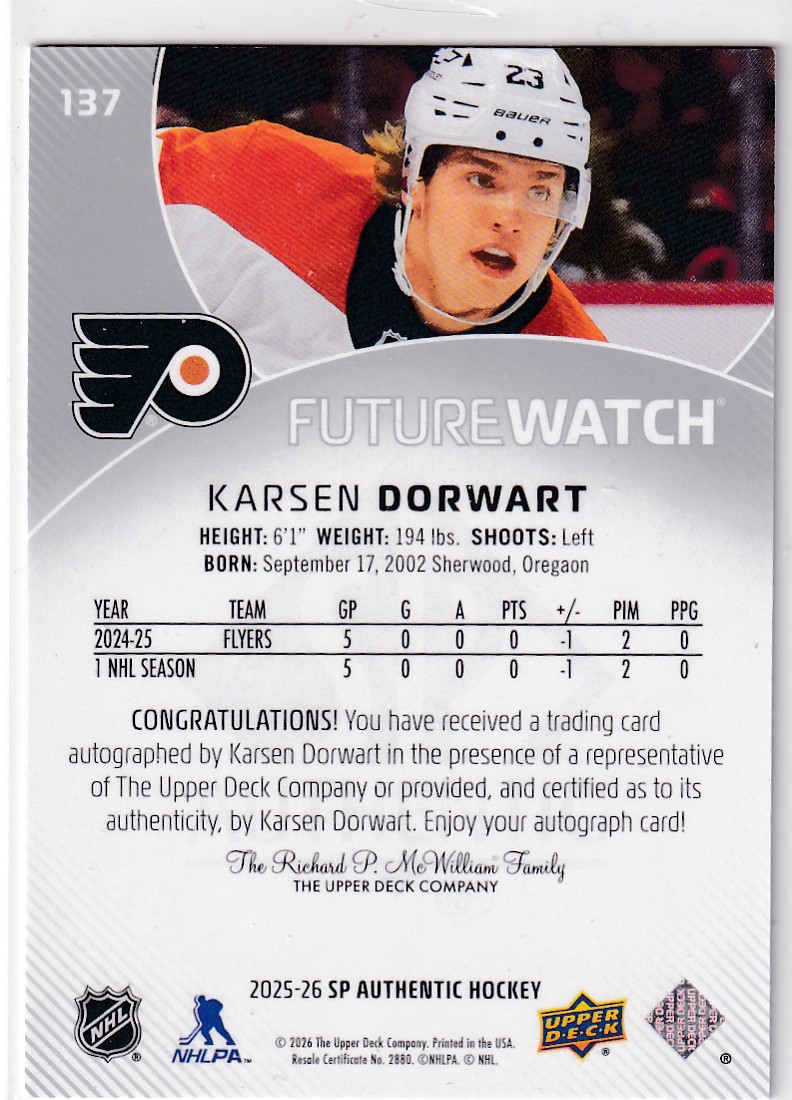  2025-26 SP Authentic #137 Karsen Dorwart FW AU/949* RC