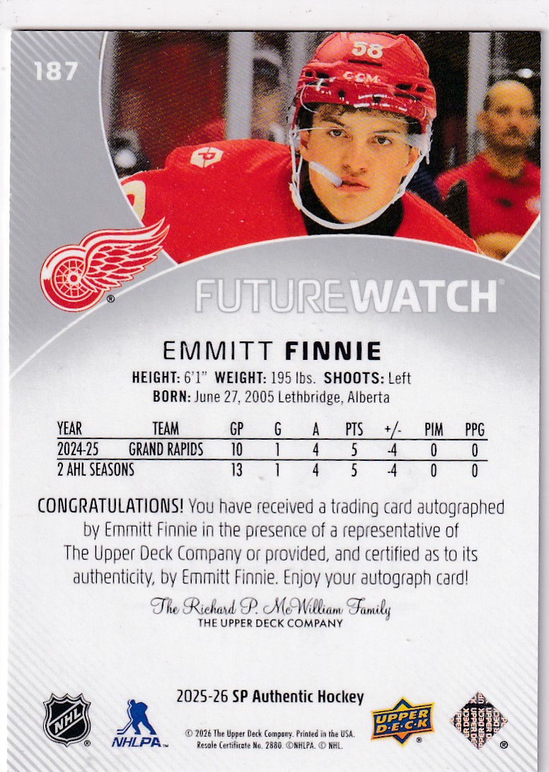  2025-26 SP Authentic #187 Emmitt Finnie FW AU/949* RC